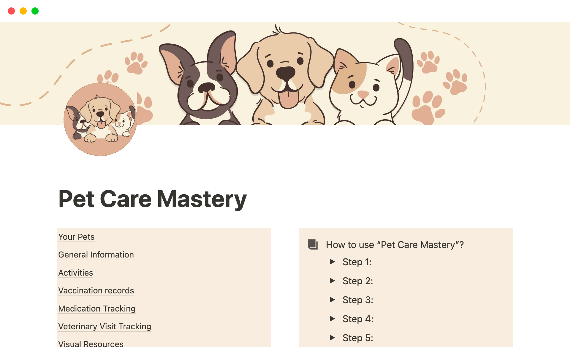 En förhandsgranskning av mallen för Pet Care Mastery: Simplify Your Life as a Multi-Pet Owner with Notion Template
