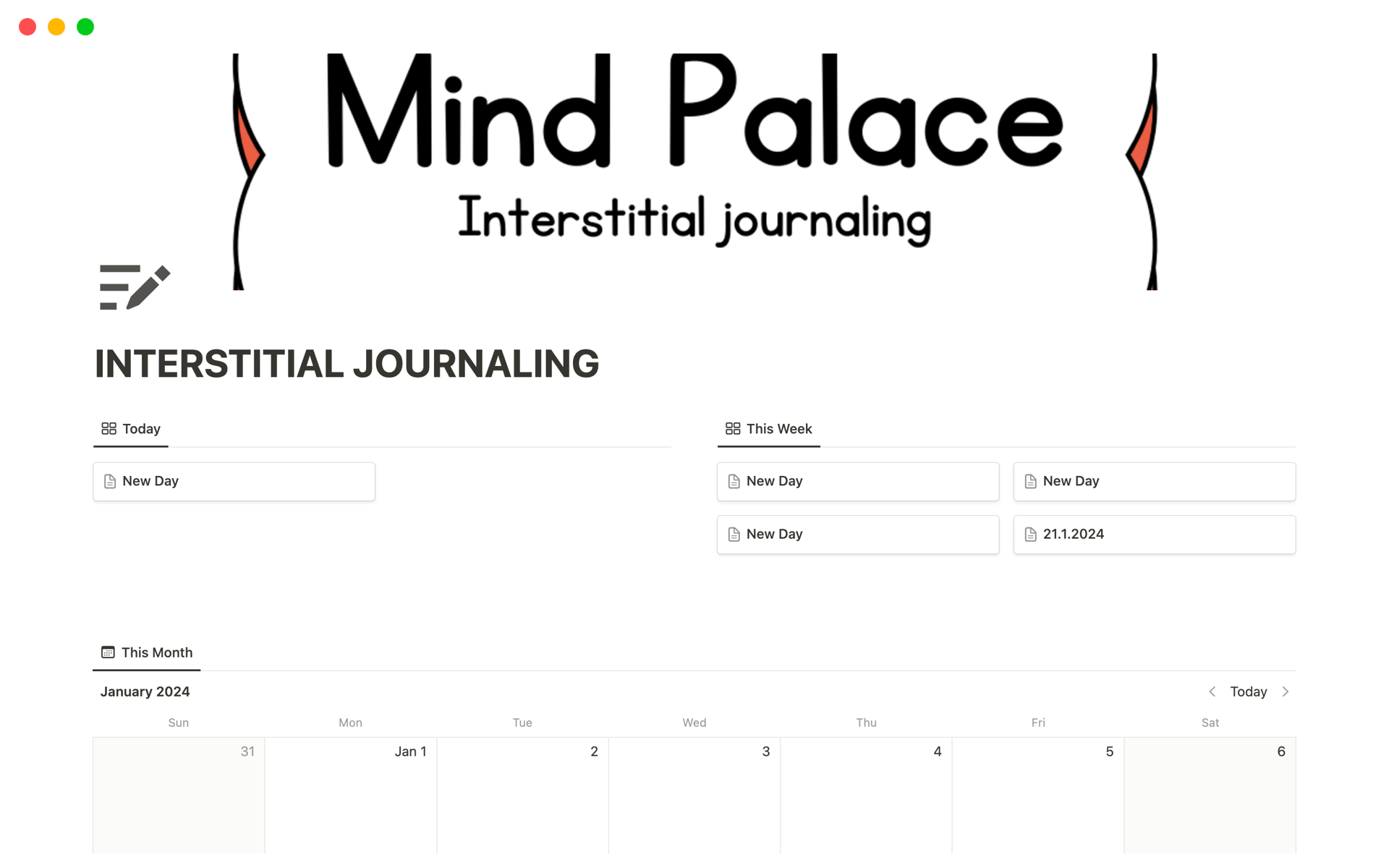 En forhåndsvisning av mal for Notion Journal | Interstitial Journaling