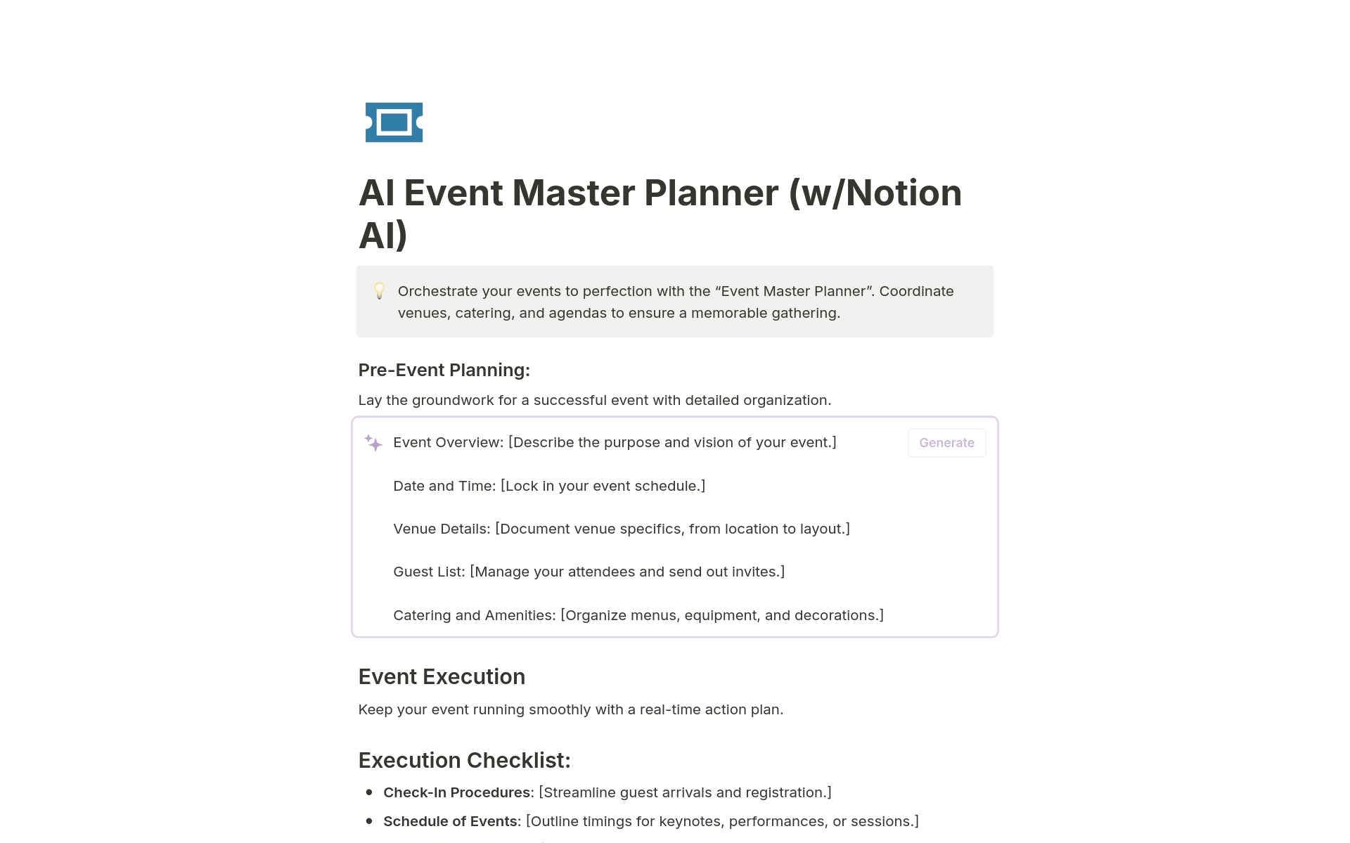 En forhåndsvisning av mal for AI Event Master Planner
