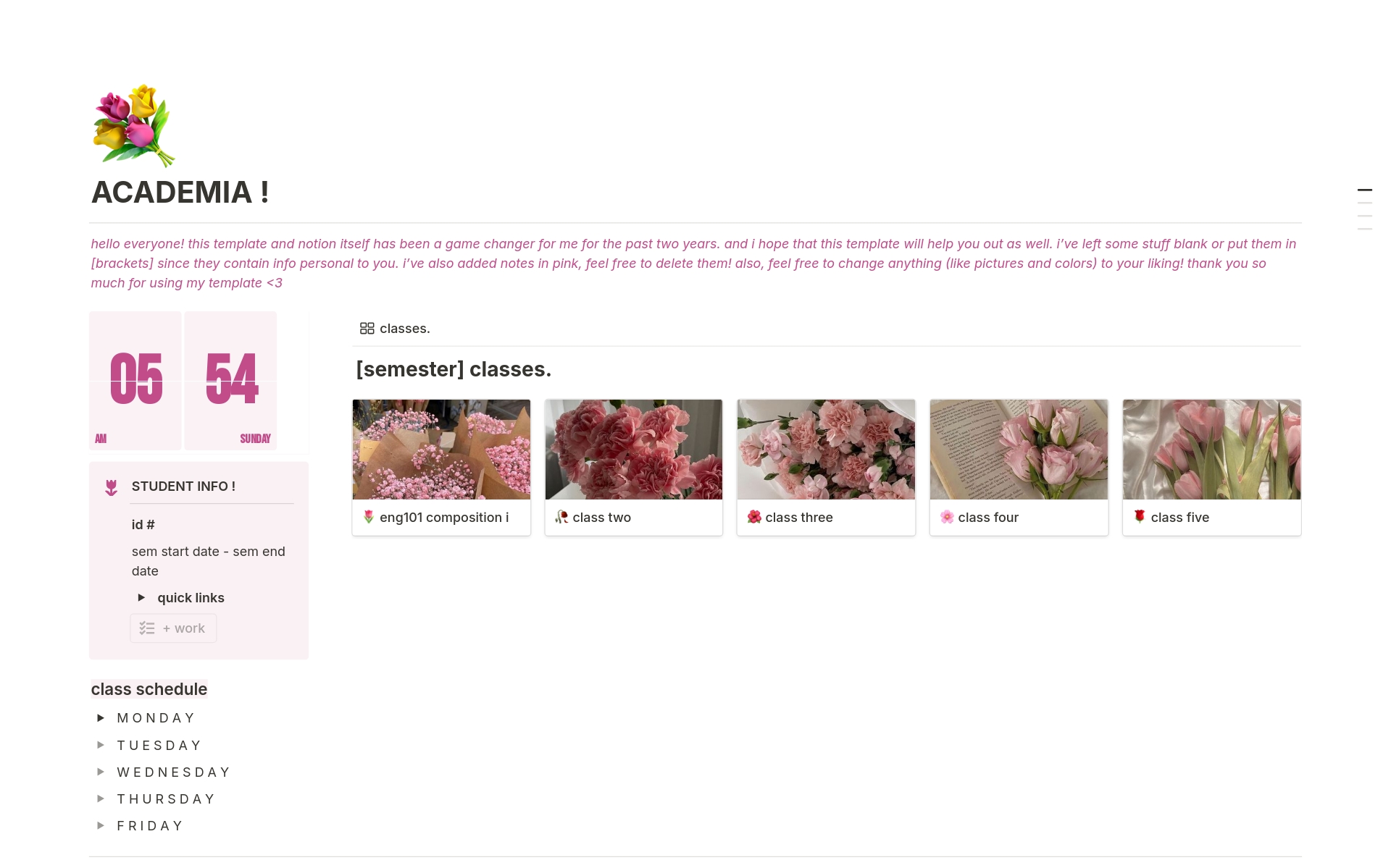 A template preview for student dashboard (flower-themed)