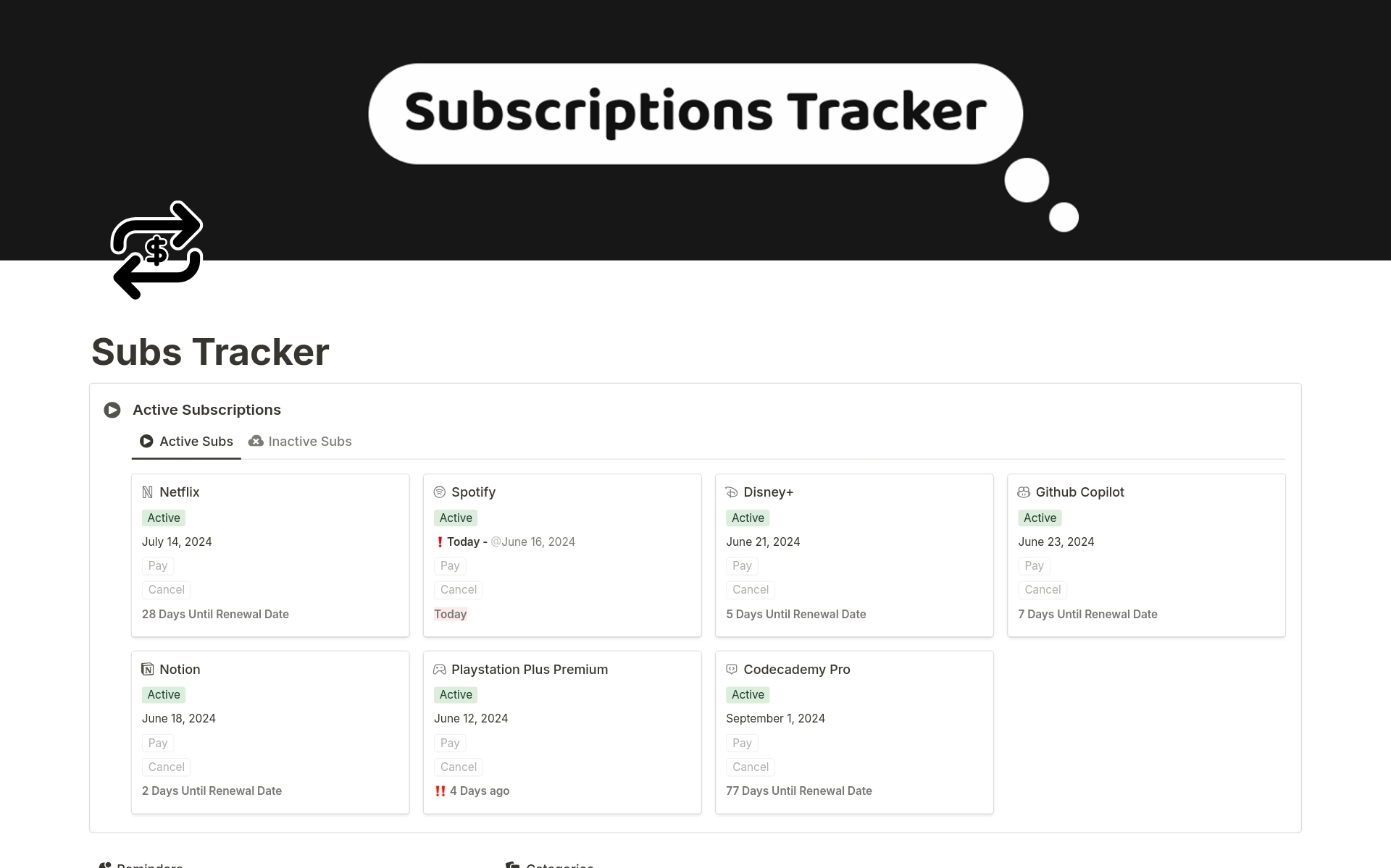 Track and manage all your subscriptions in one place with this Notion template. Track expenses, and categorize services easily. Stay organized and never miss a payment. Ideal for managing streaming, software, and more. Simple setup, customizable views.