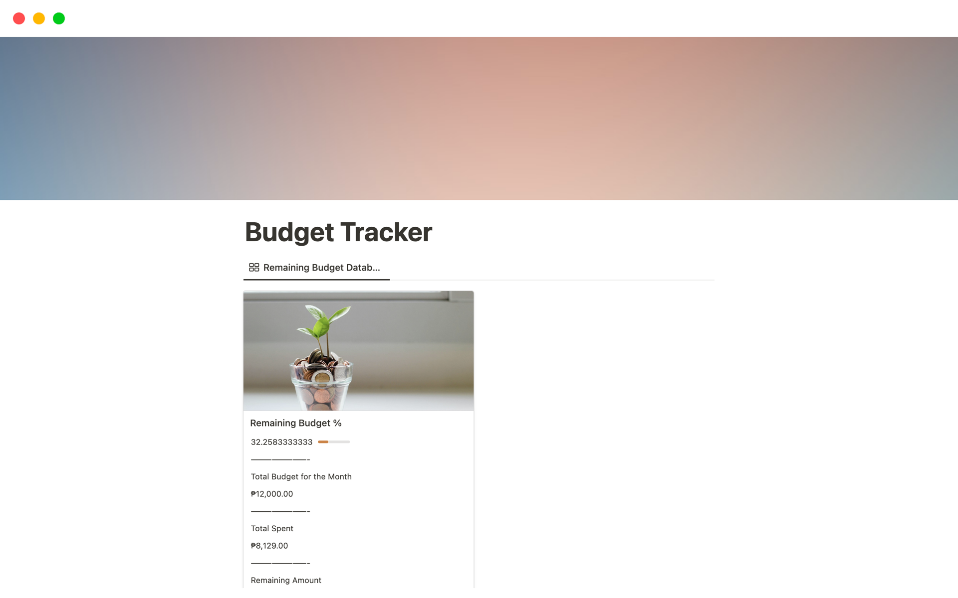 En förhandsgranskning av mallen för Budget Tracker