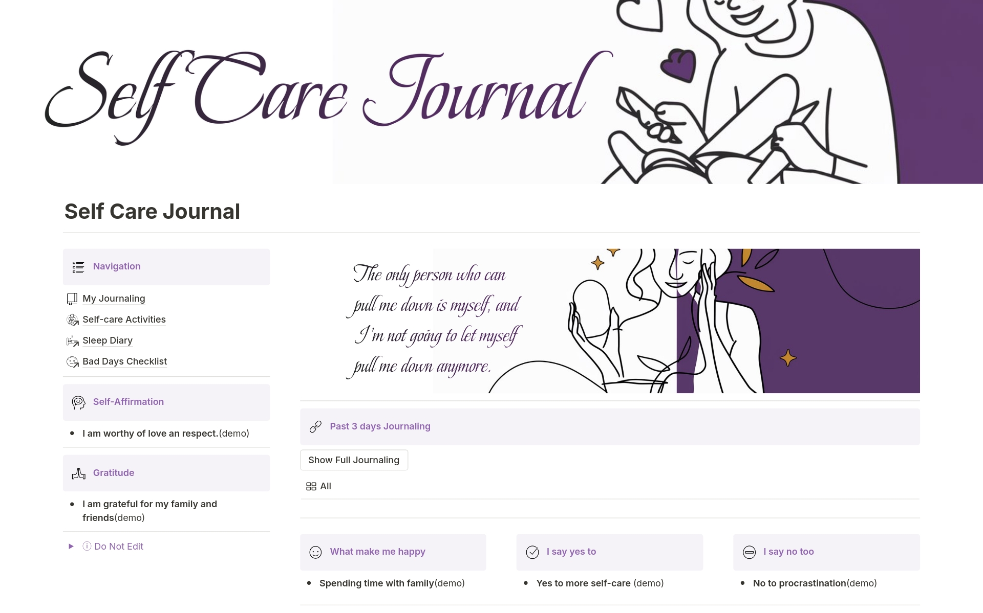 En förhandsgranskning av mallen för Self Care Journal