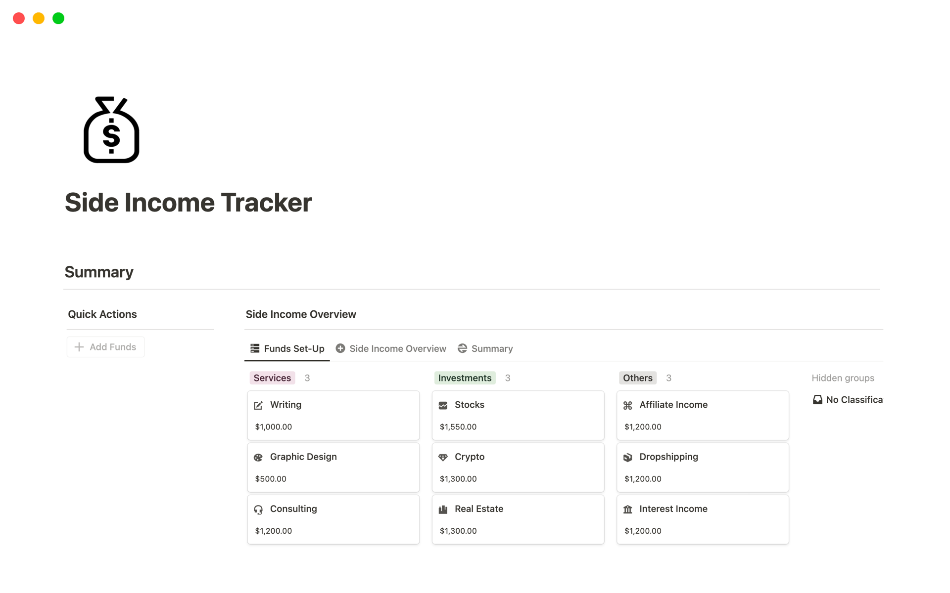 A template preview for Side Income Tracker
