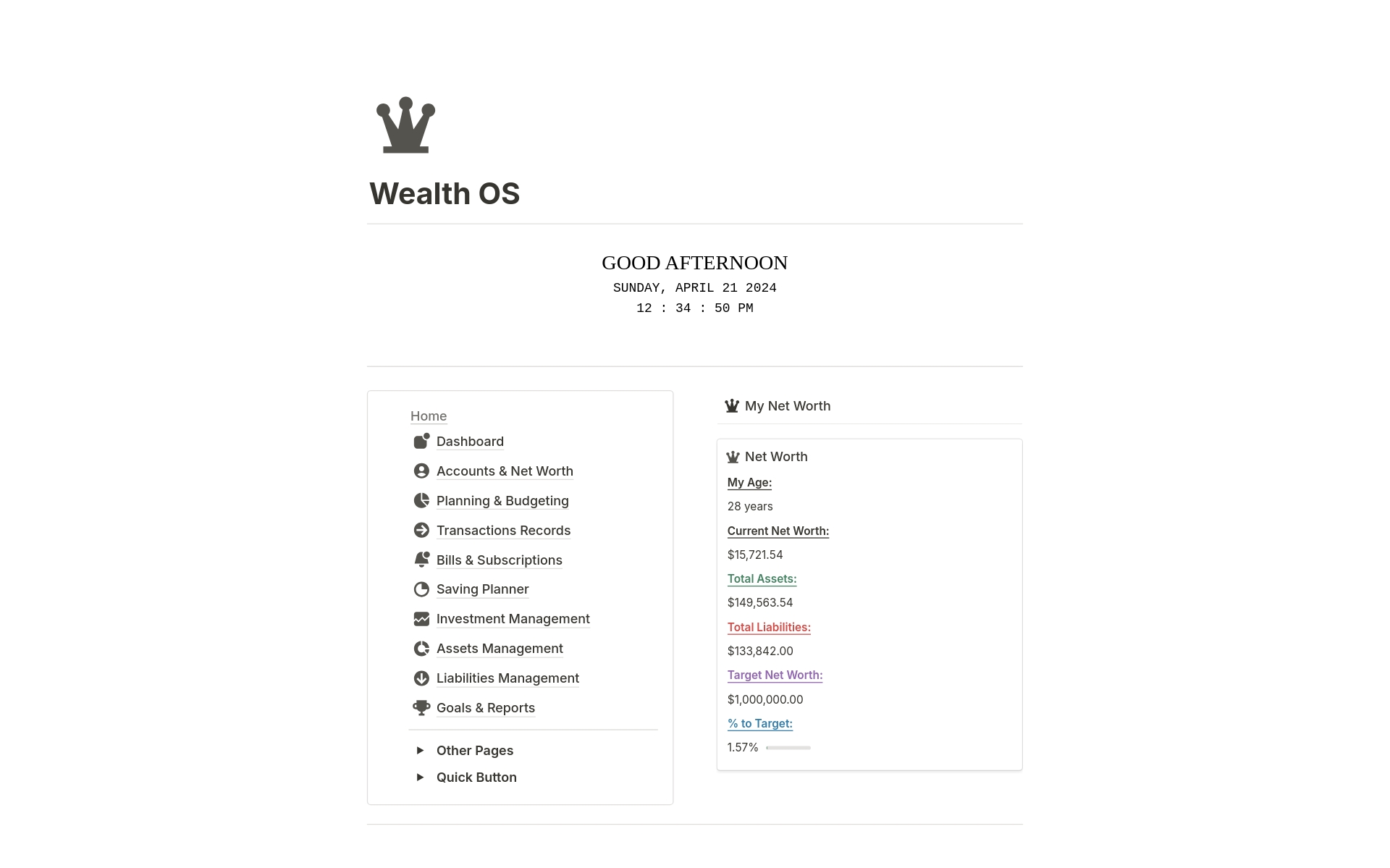 En forhåndsvisning av mal for Wealth OS by Rosidssoy