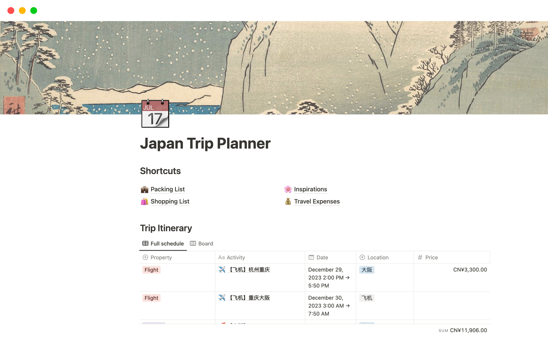 En forhåndsvisning av mal for Japan Trip Planner