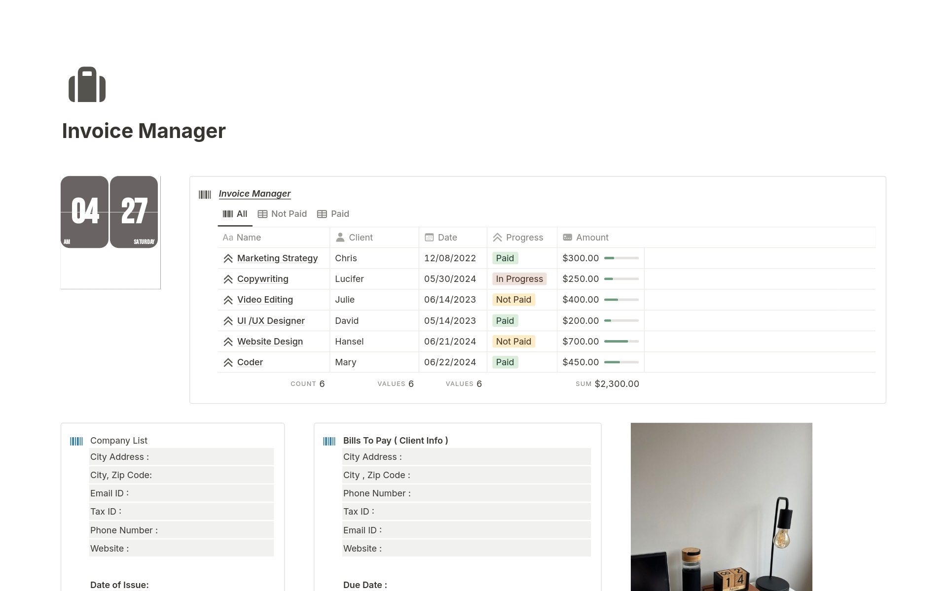 A template preview for Invoice Manager