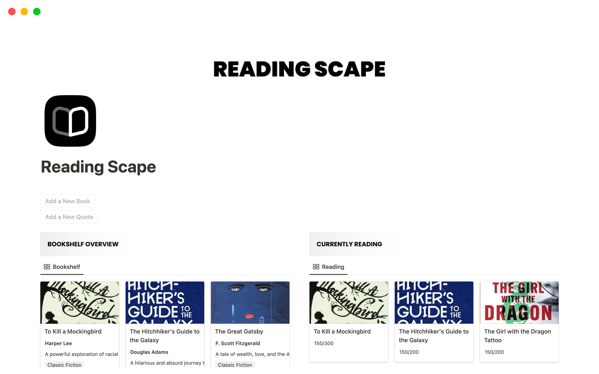 En forhåndsvisning av mal for ReadingScape (Reading List, Habit & Book Tracker)