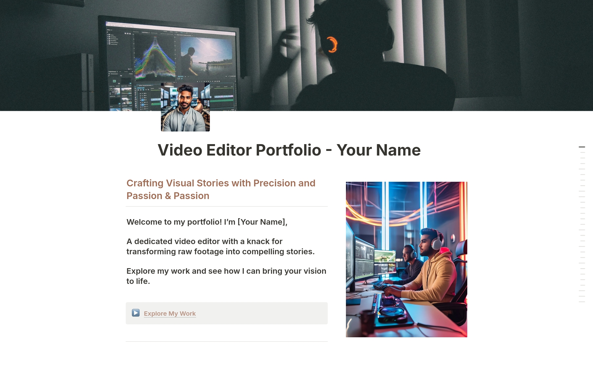 Eine Vorlagenvorschau für Video Editing Portfolio