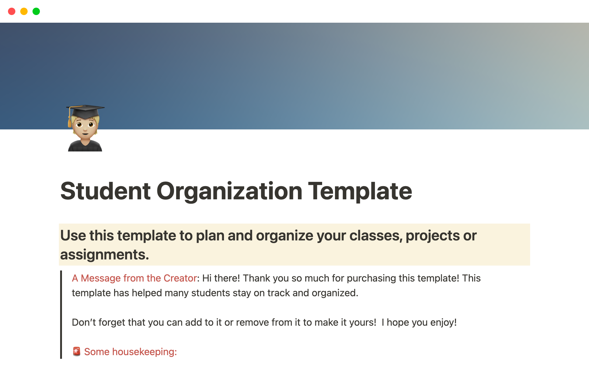 A template preview for Student Organization Template