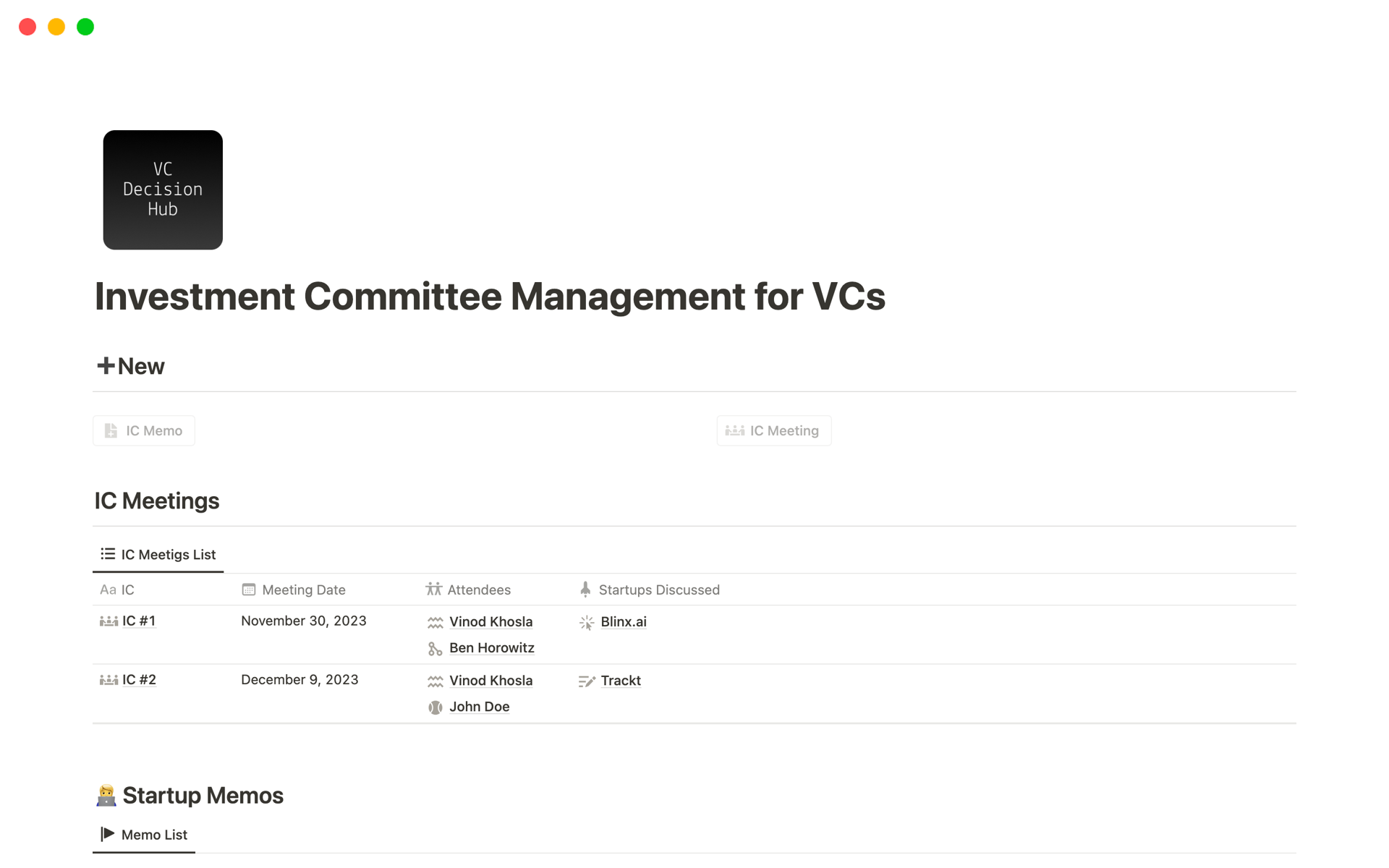 En forhåndsvisning av mal for VC Decision Hub - IC & Memo Management for VCs