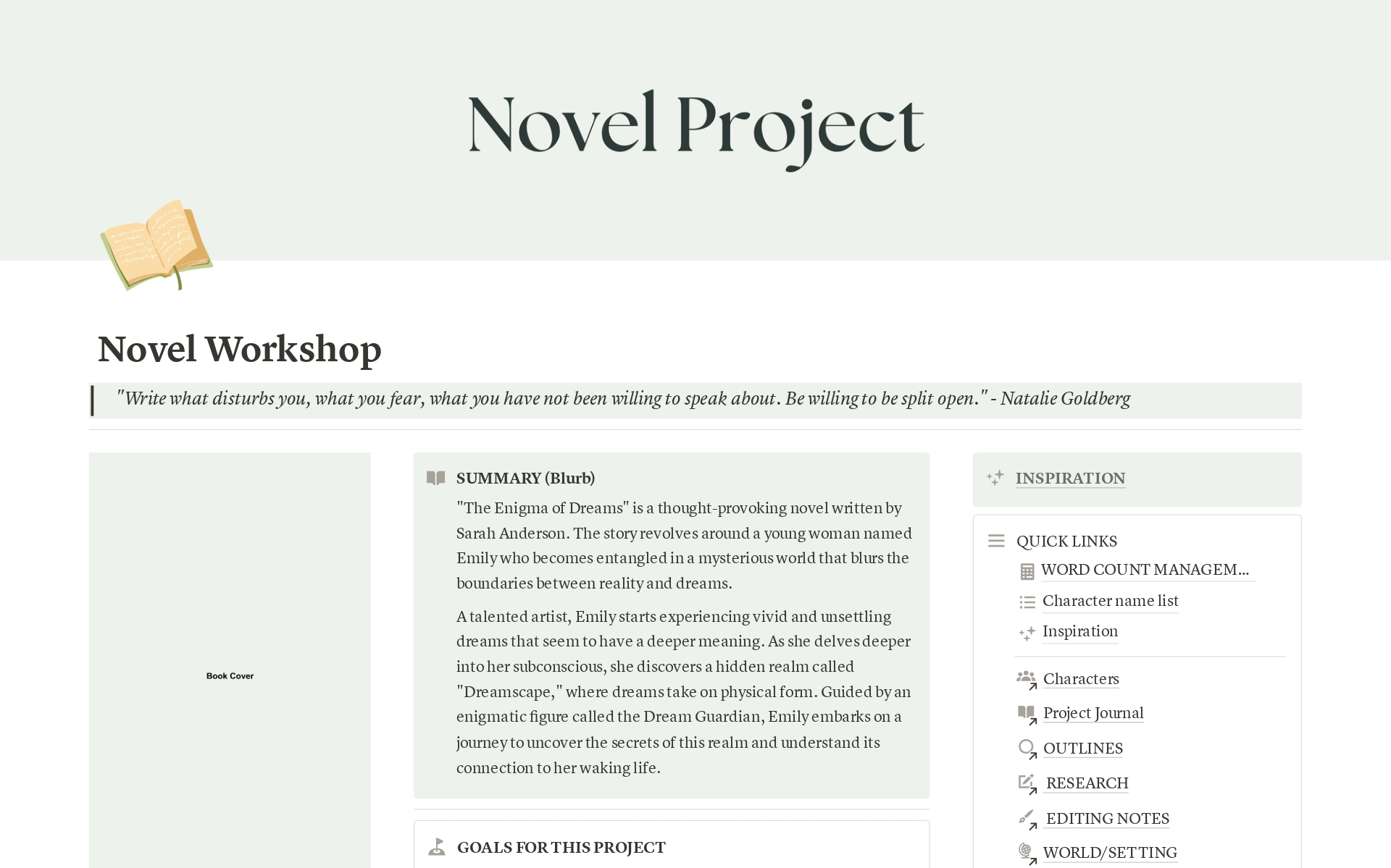En förhandsgranskning av mallen för Novel Project Workspace
