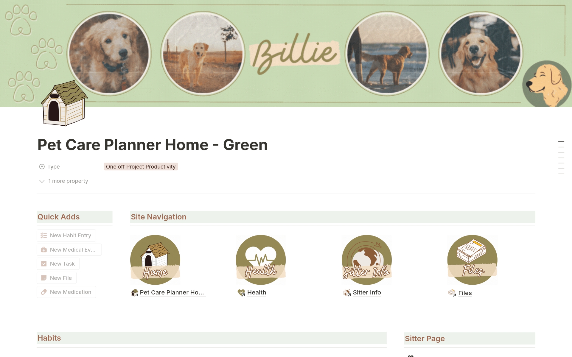A template preview for Green Themed Pet Care Planner