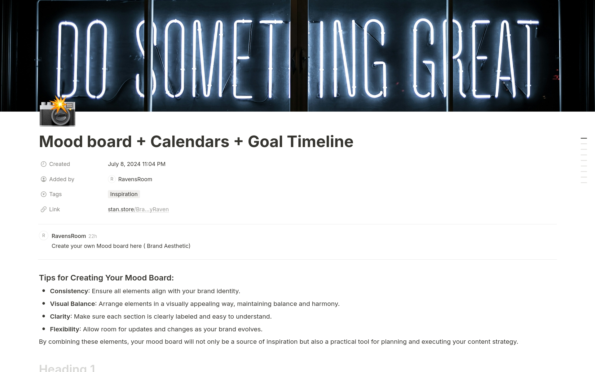 En forhåndsvisning av mal for Content Calendar + Mood Board + Goal Timeline
