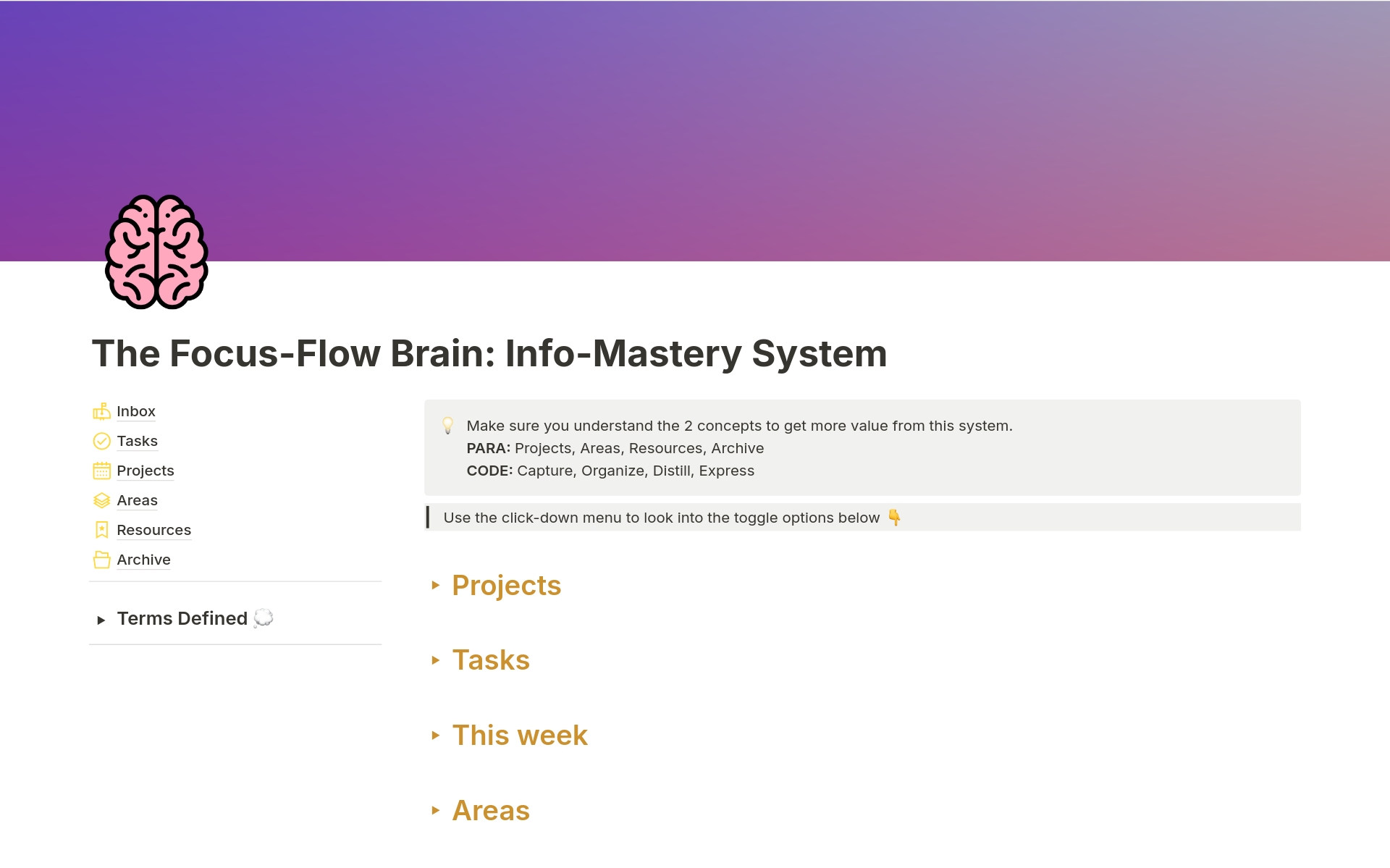 En förhandsgranskning av mallen för The Focus-Flow Brain: Info-Mastery System