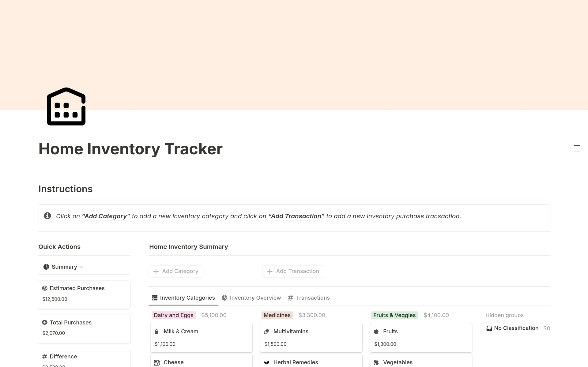En förhandsgranskning av mallen för Home Inventory Tracker