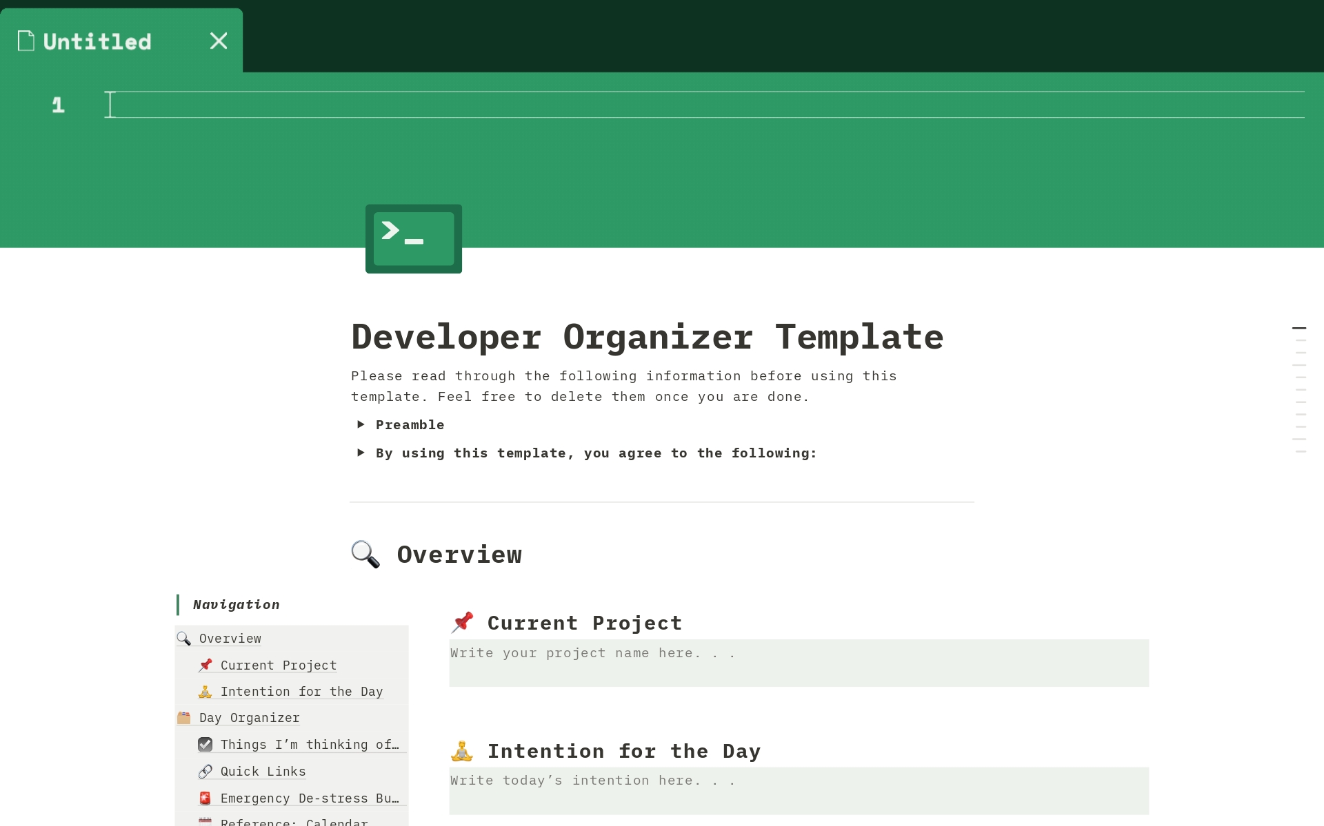 A template preview for Developer Organizer