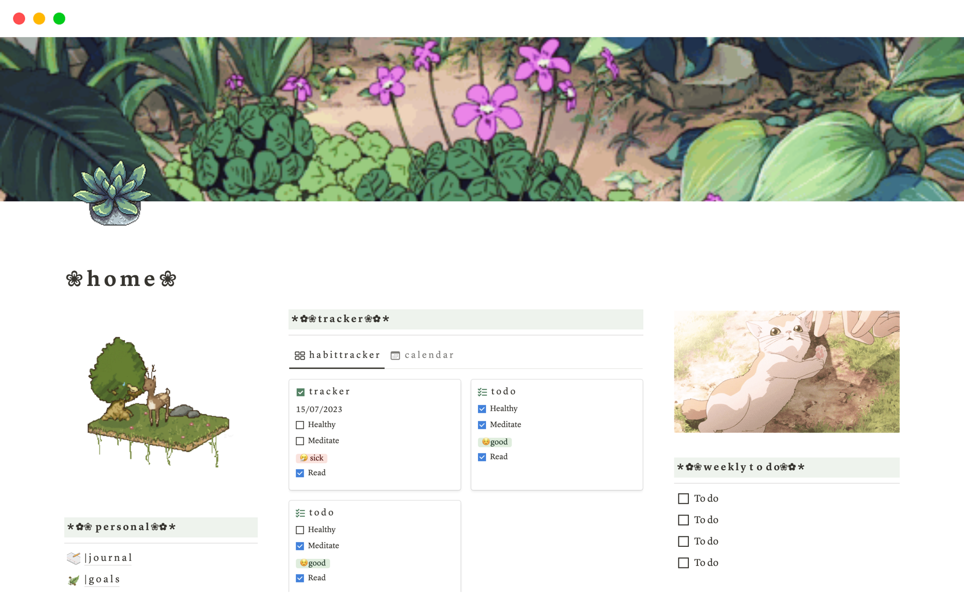 Eine Vorlagenvorschau für Aesthetic Green Studio Ghibli Notion Template