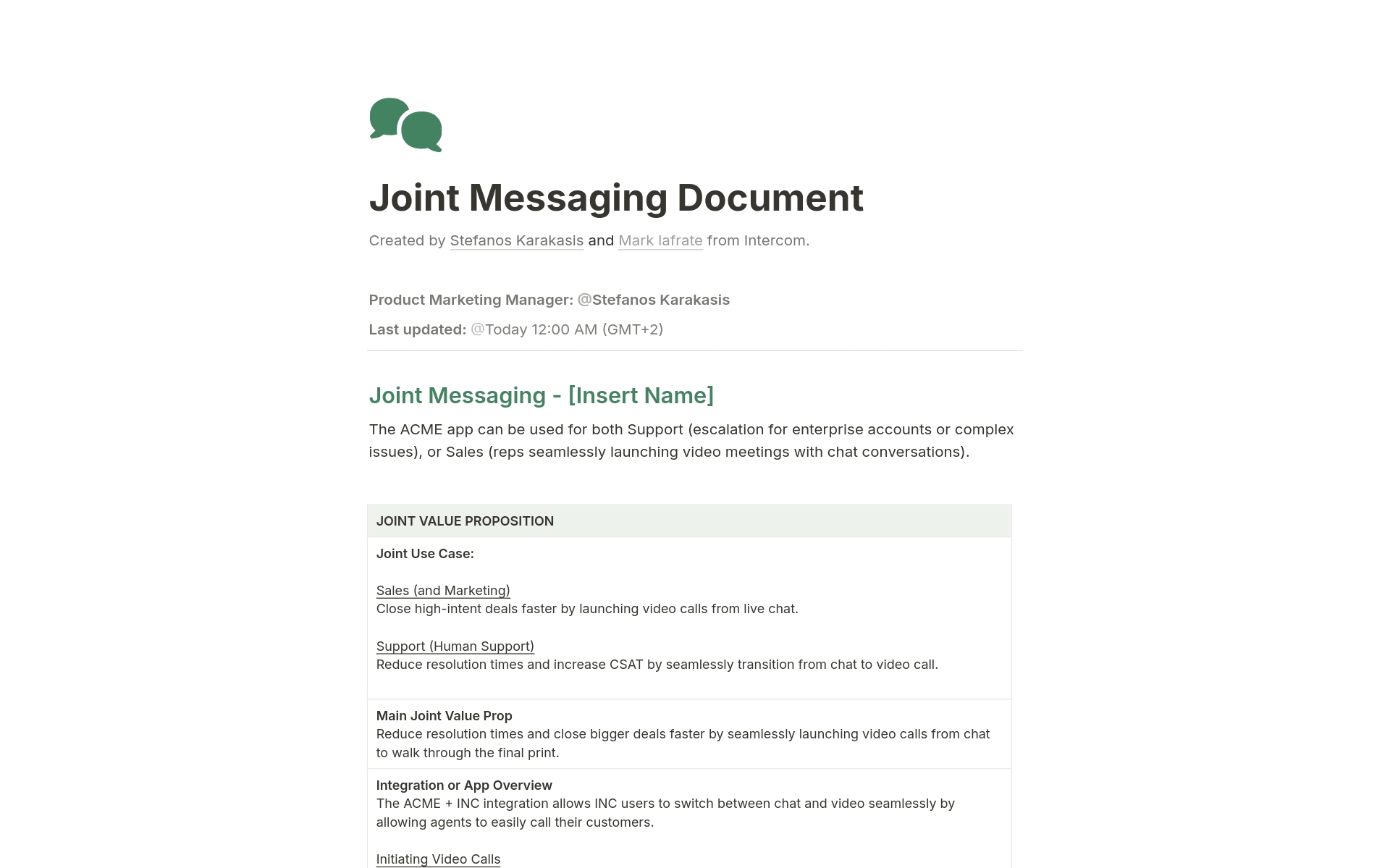 A template preview for Partner Messaging Document
