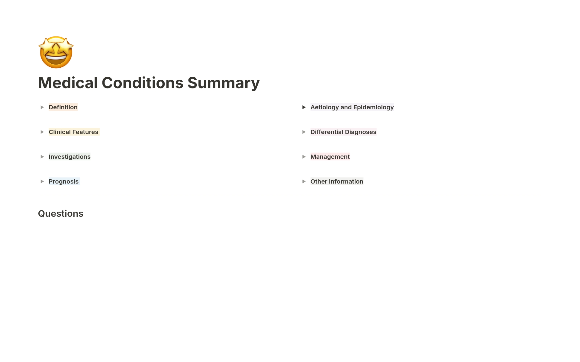 A template preview for Medical Conditions Summary 