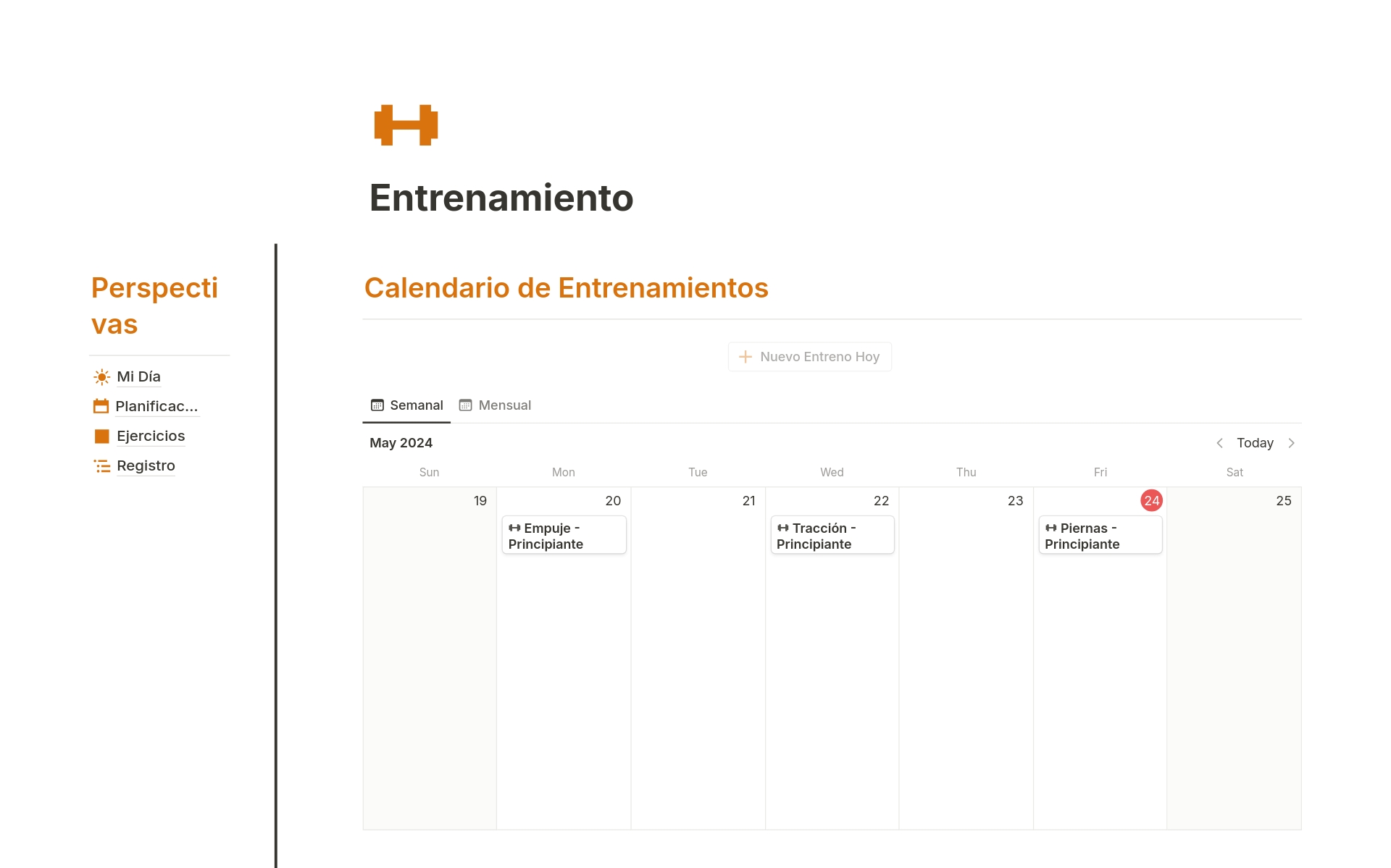 En förhandsgranskning av mallen för Entrenamiento