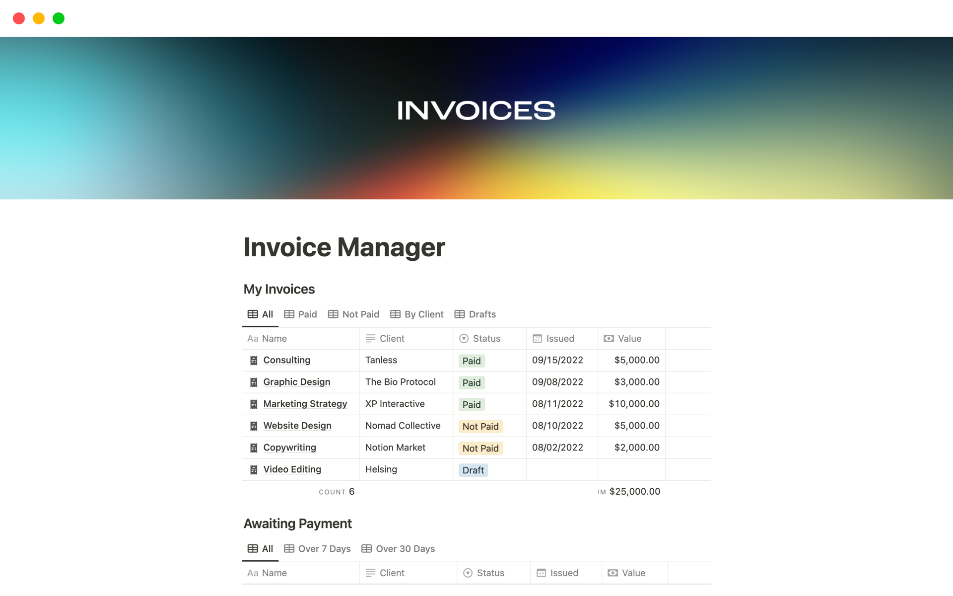 En förhandsgranskning av mallen för Invoice manager