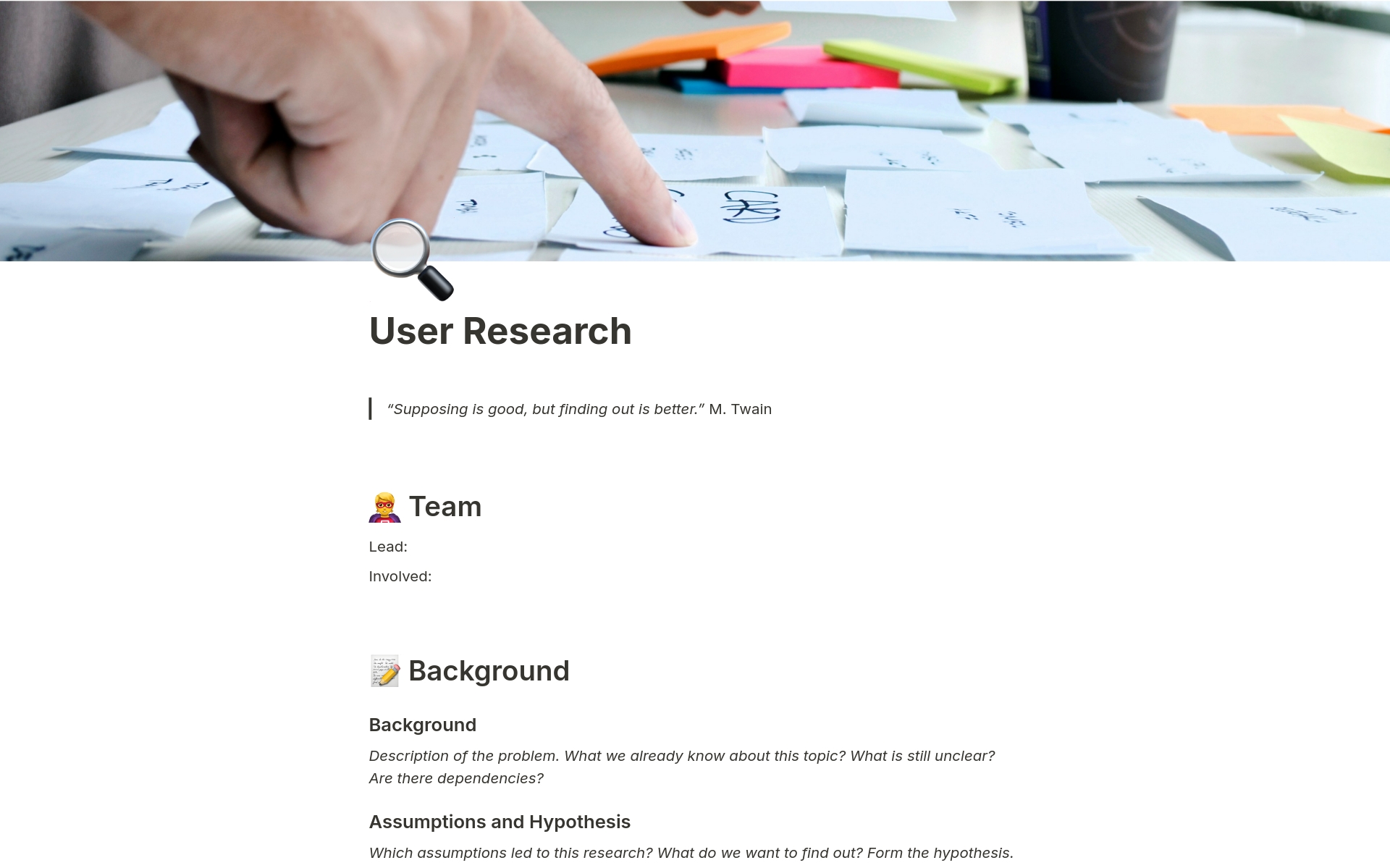 The template provides a comprehensive framework for conducting user research, from tracking research backlog and outlining research brief to recruiting participants and organising interviews and surveys, all the way through to synthesis and action points.
