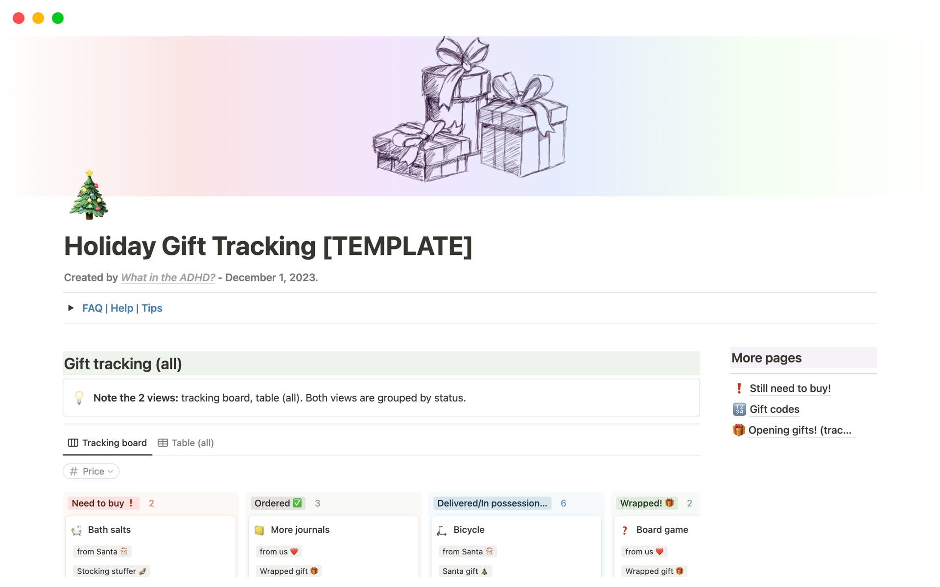 En förhandsgranskning av mallen för Holiday Gift Tracking