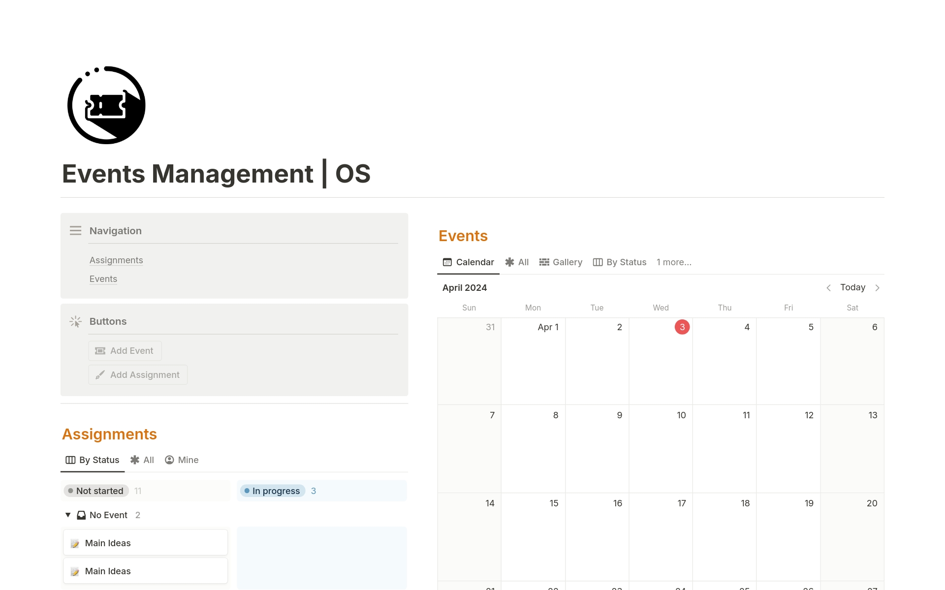 Vista previa de plantilla para Events Management | OS