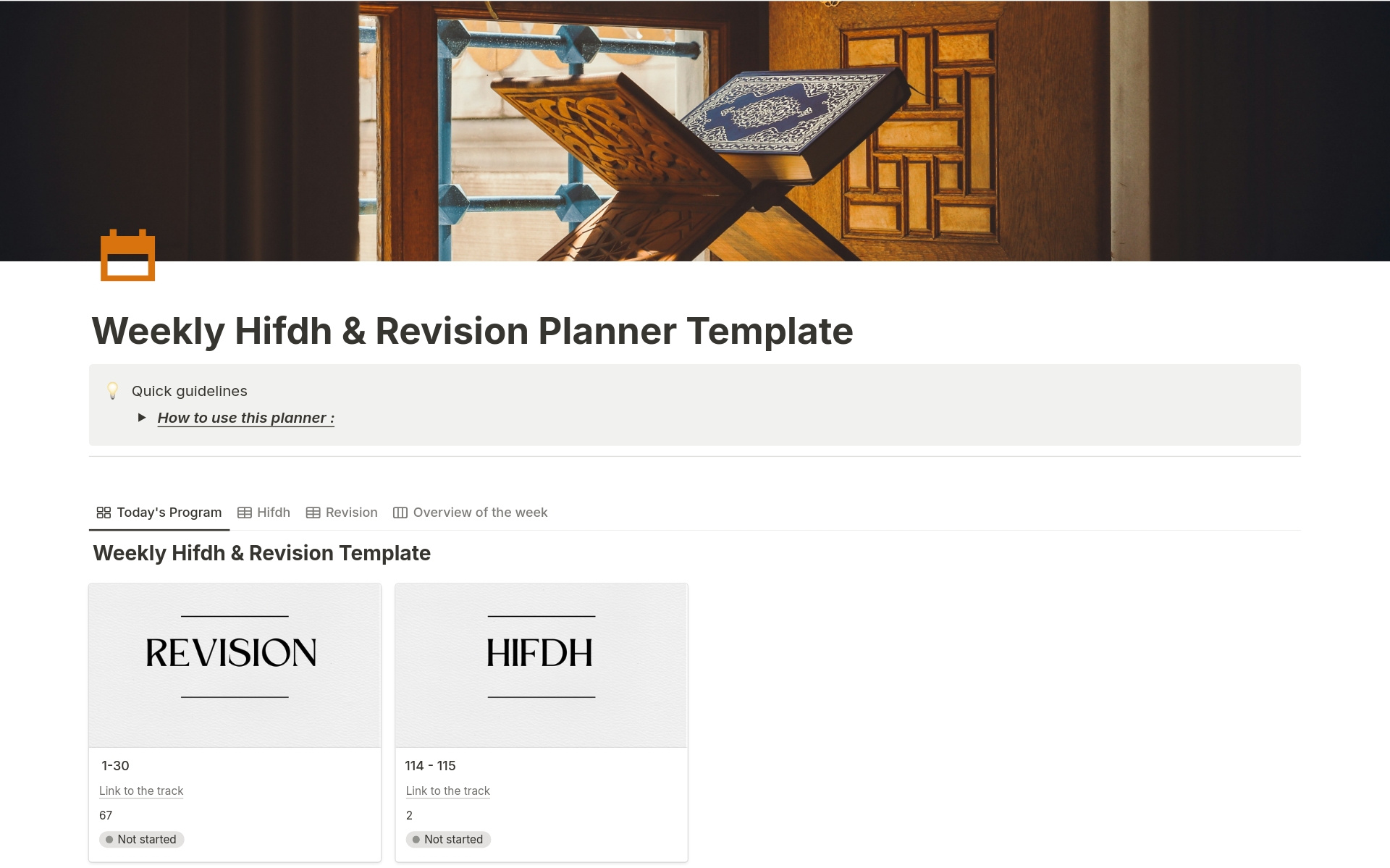 Uma prévia do modelo para Weekly Hifdh & Revision Planner