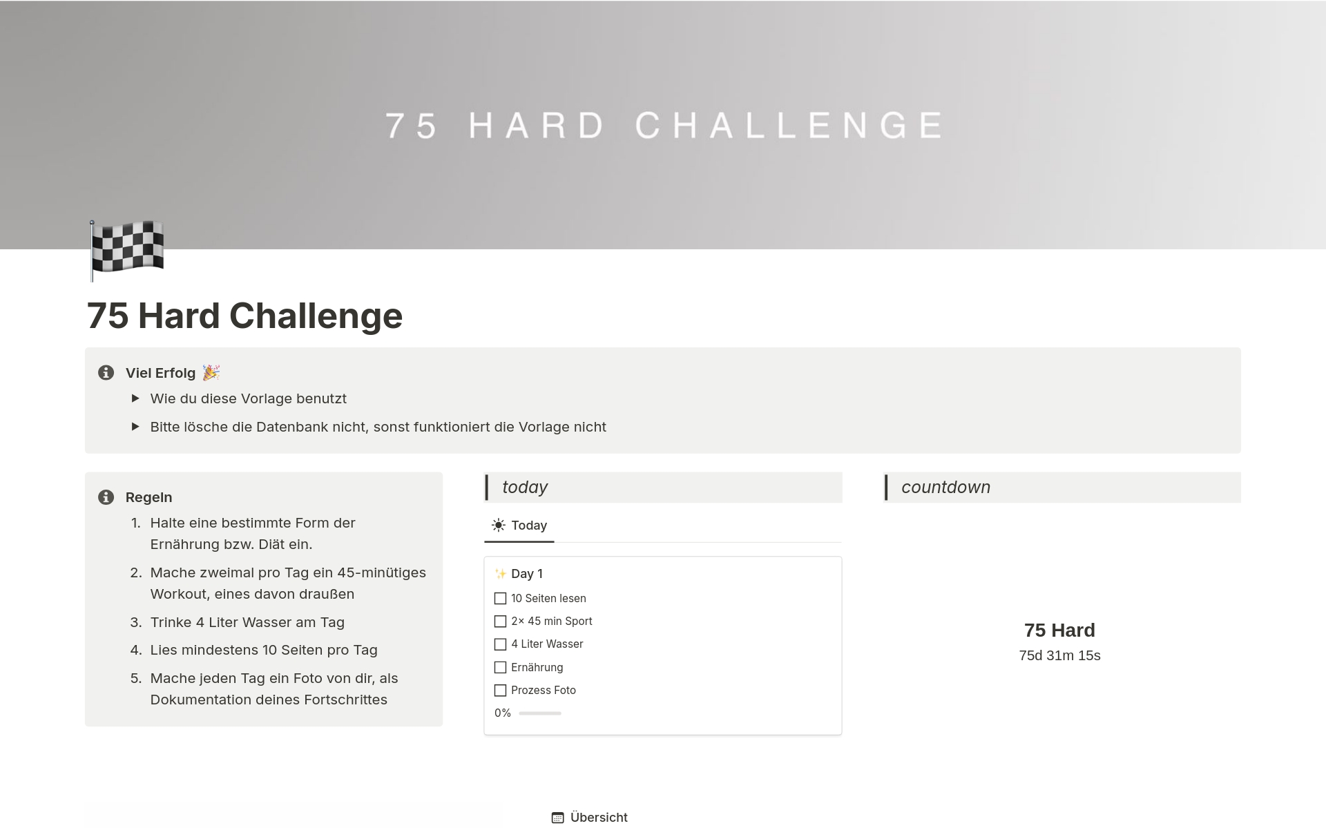 En forhåndsvisning av mal for 75 Hard Challenge