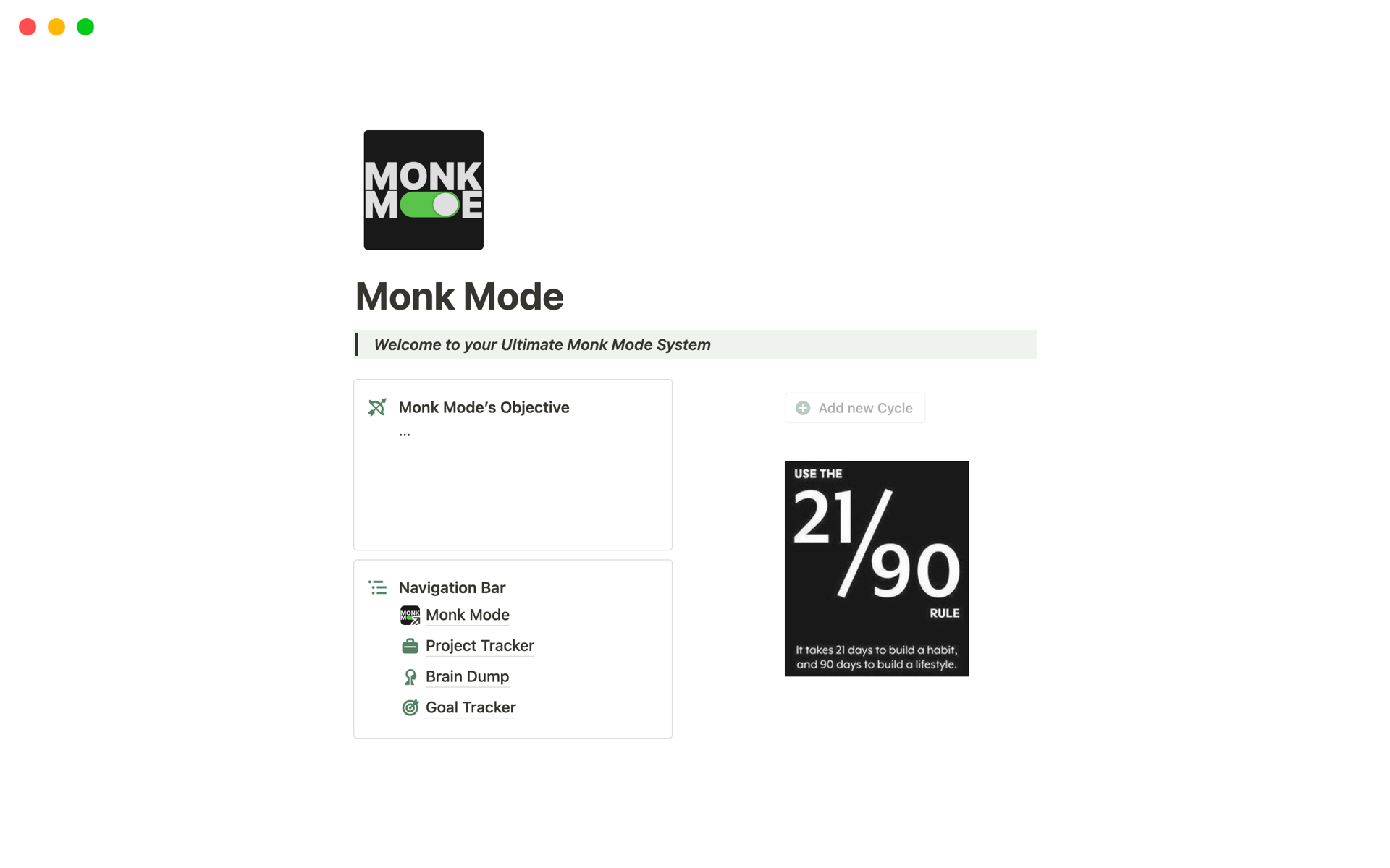 Vista previa de una plantilla para Monk Mode