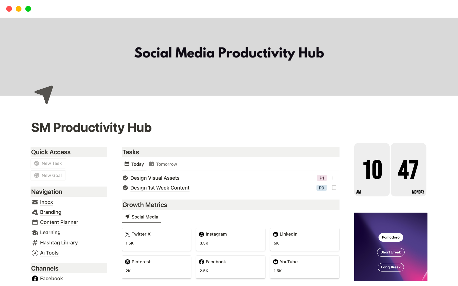En förhandsgranskning av mallen för SM Productivity Hub
