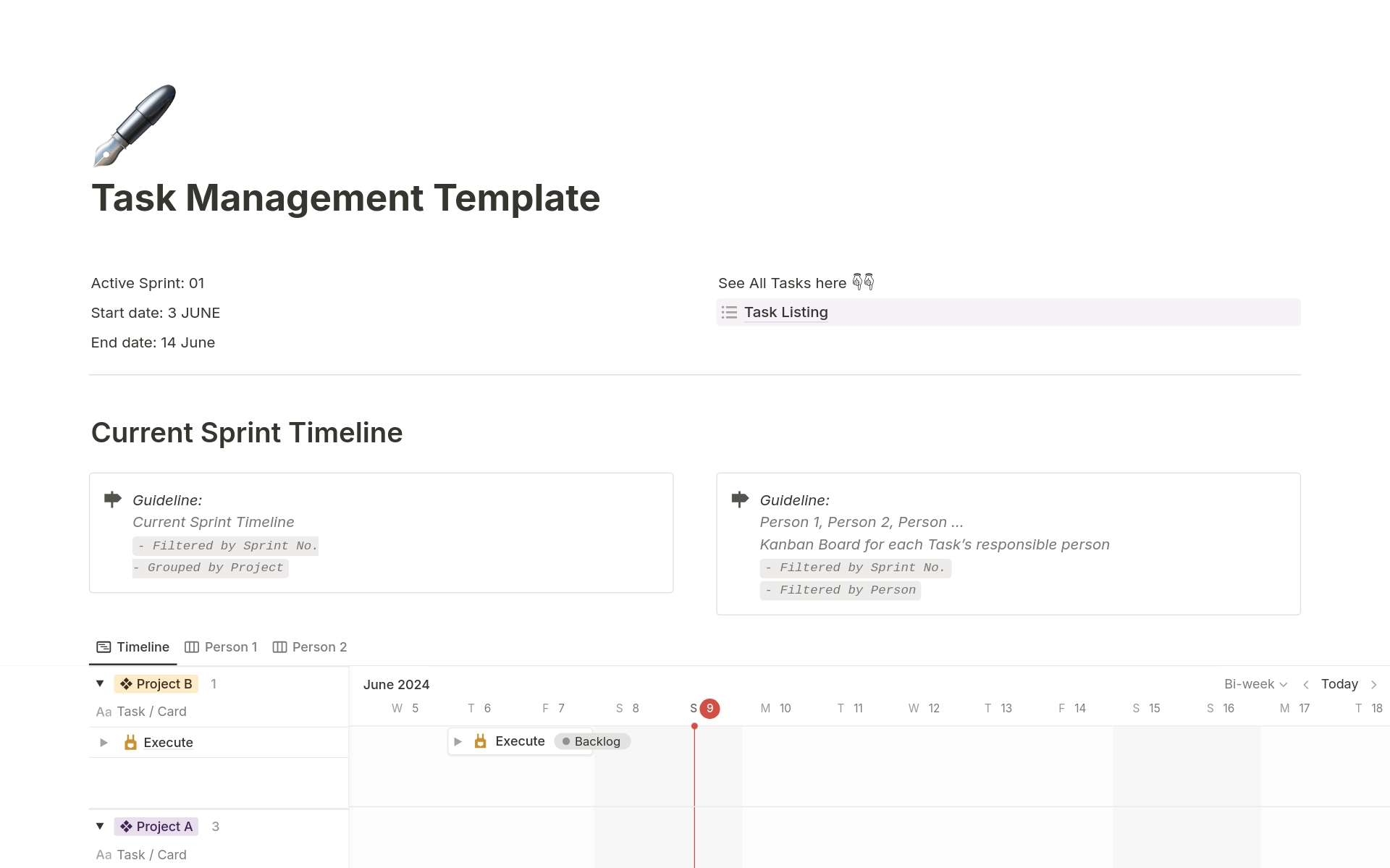 A template preview for Team Task Management