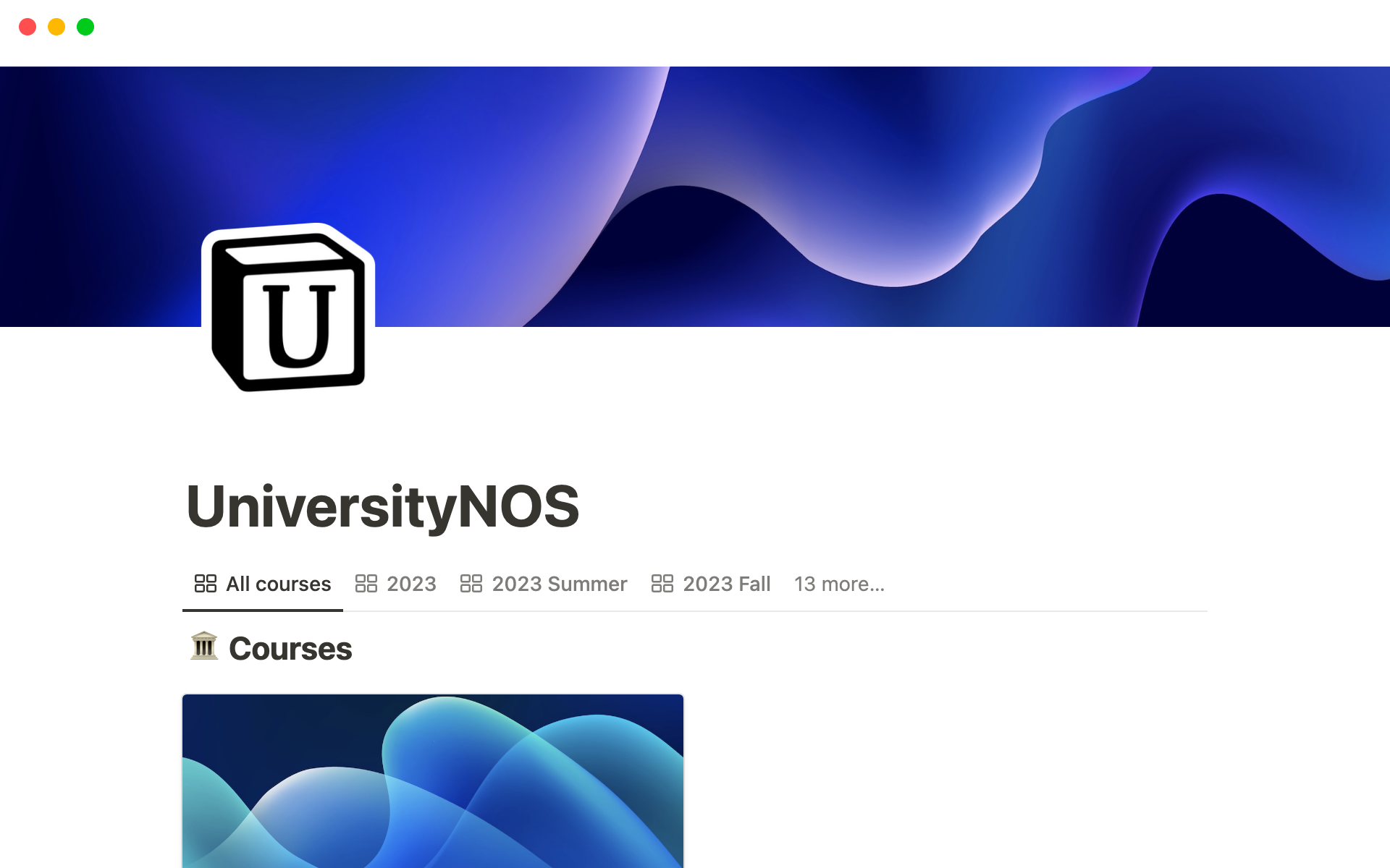 A template preview for UniversityNOS Notion School Template
