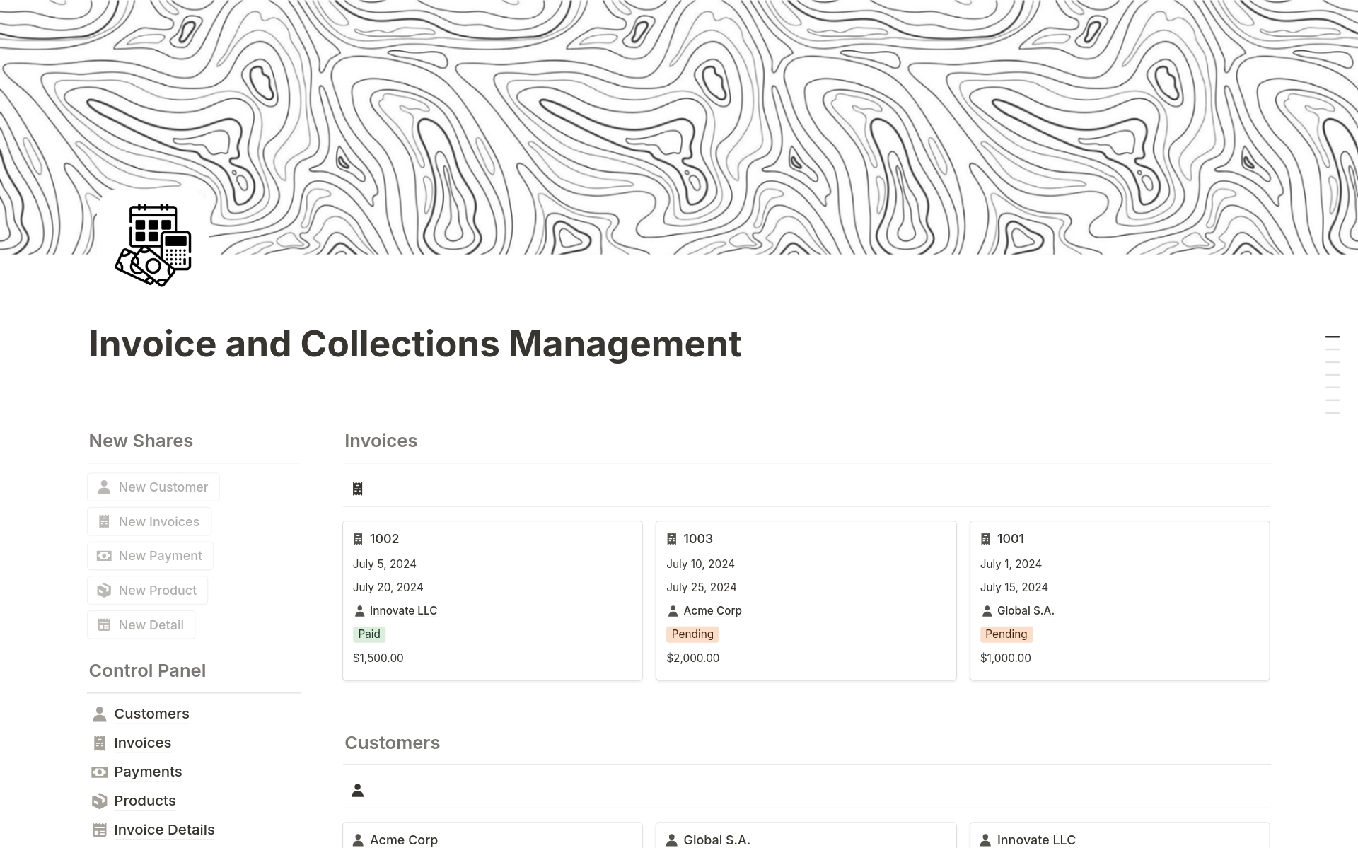 A template preview for Invoice and Collections Management