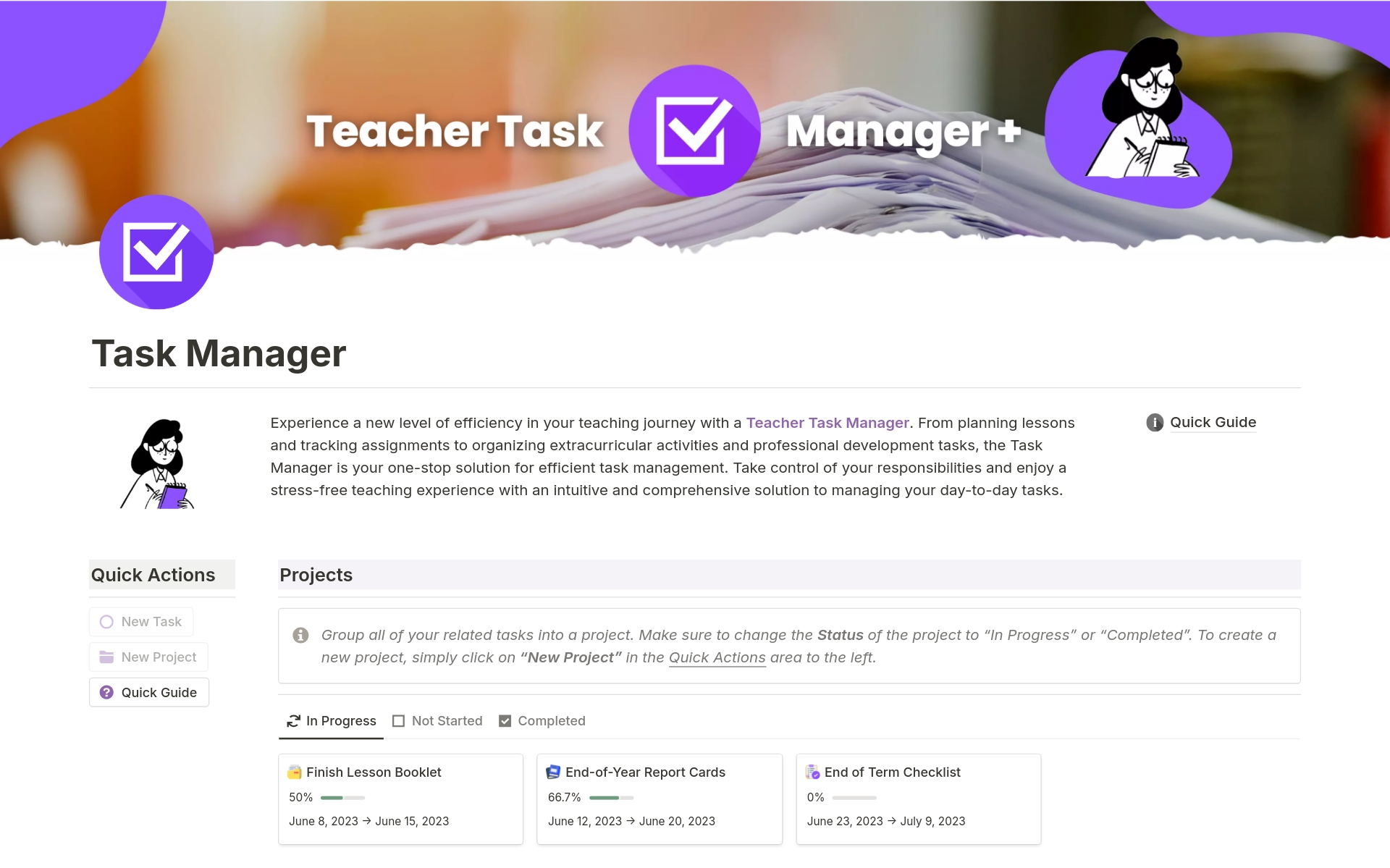 En forhåndsvisning av mal for Task Manager for Teachers