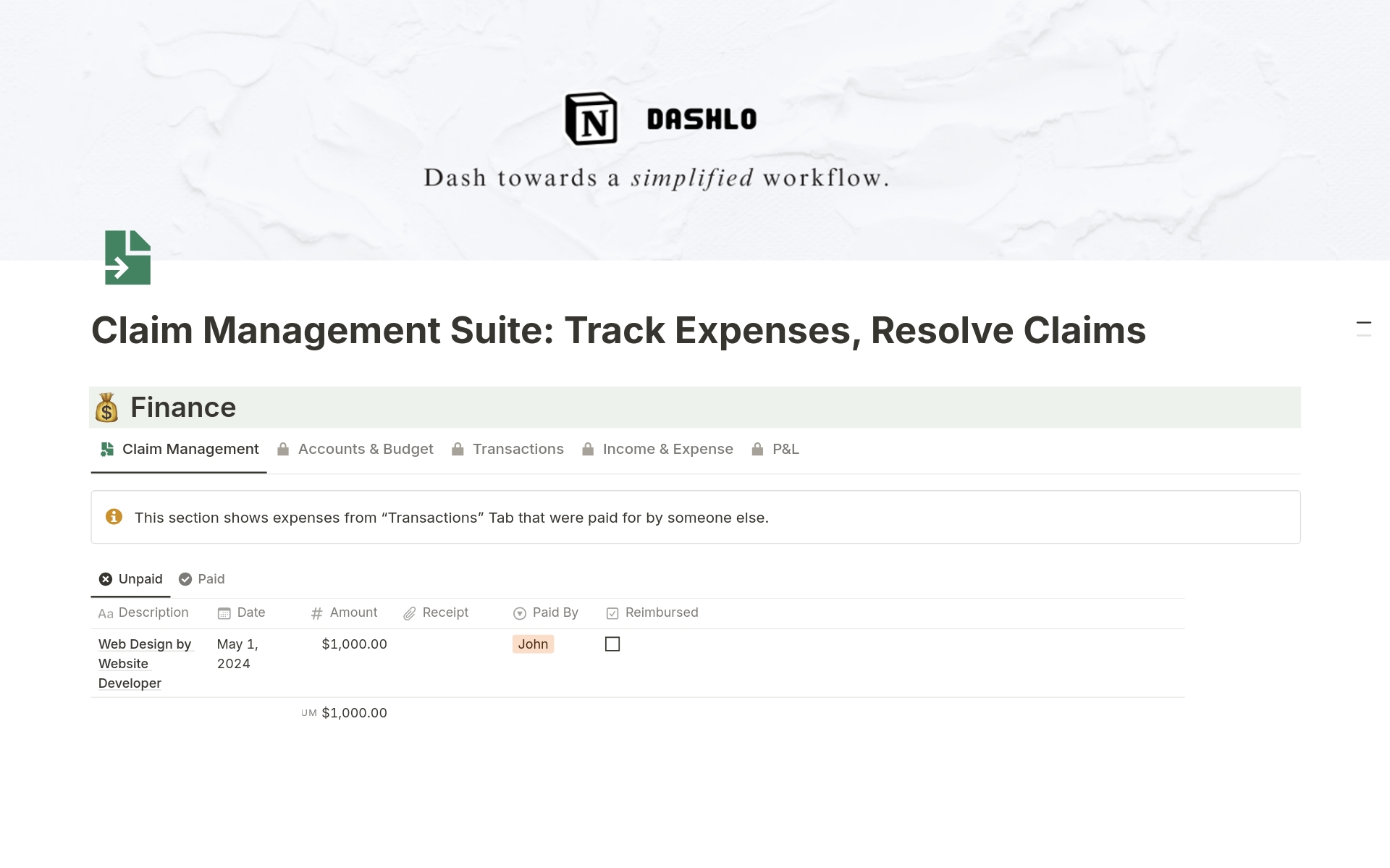 A template preview for Claim Management Suite