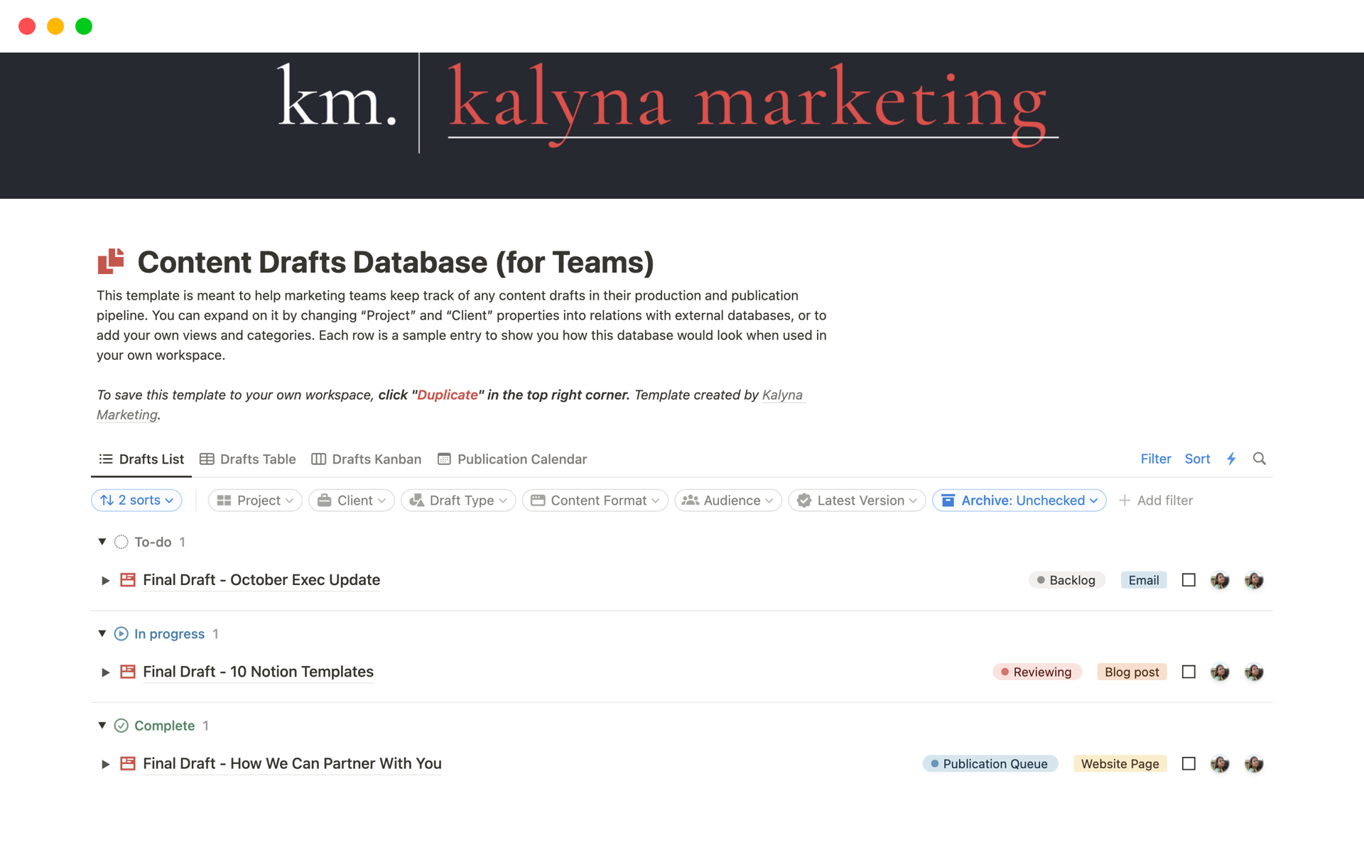 Mallin esikatselu nimelle Content Drafts Database (for Teams)
