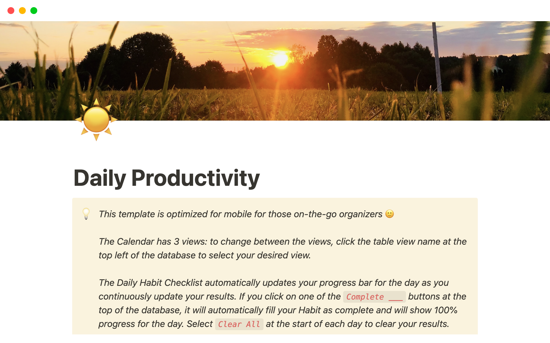 En förhandsgranskning av mallen för Daily Productivity (Optimized for Mobile)