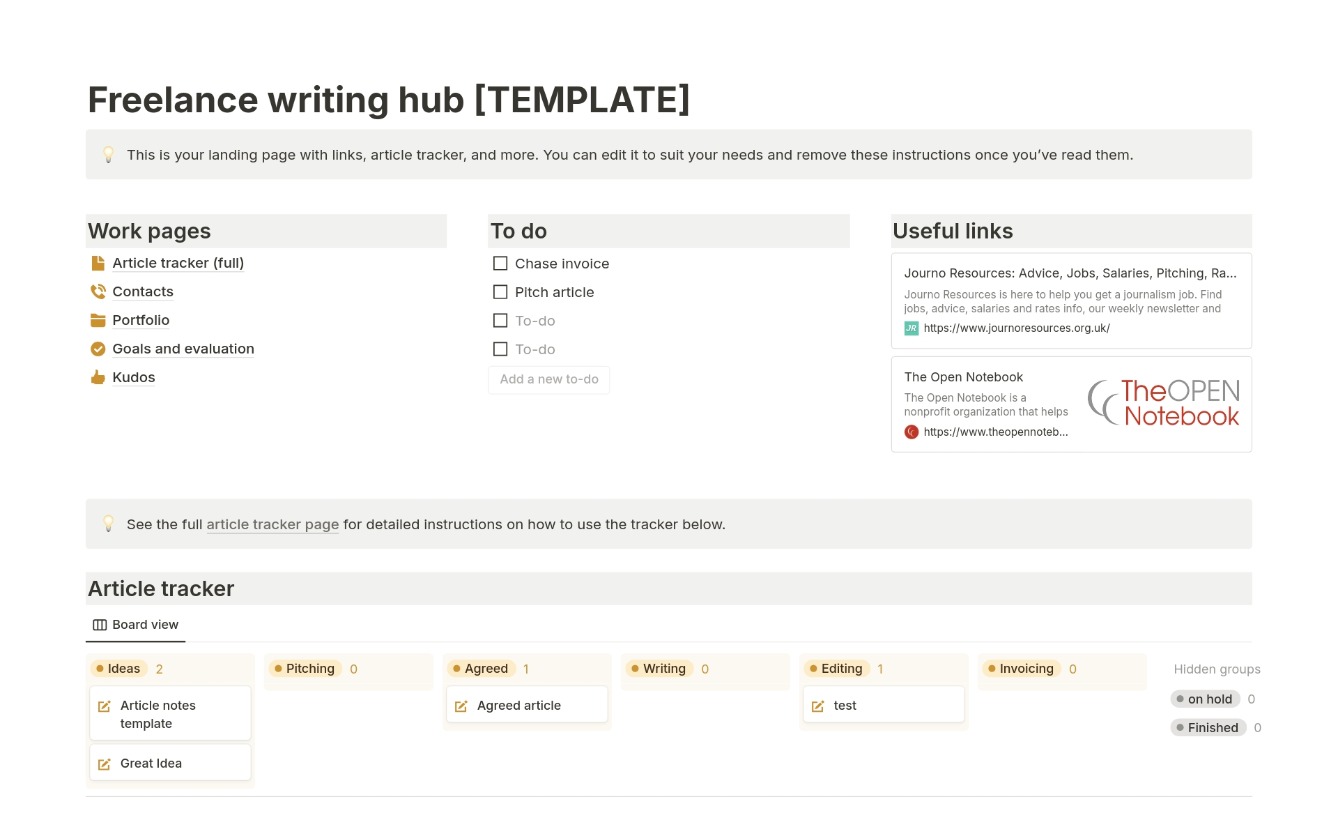 Uma prévia do modelo para Freelance writing hub & article tracker