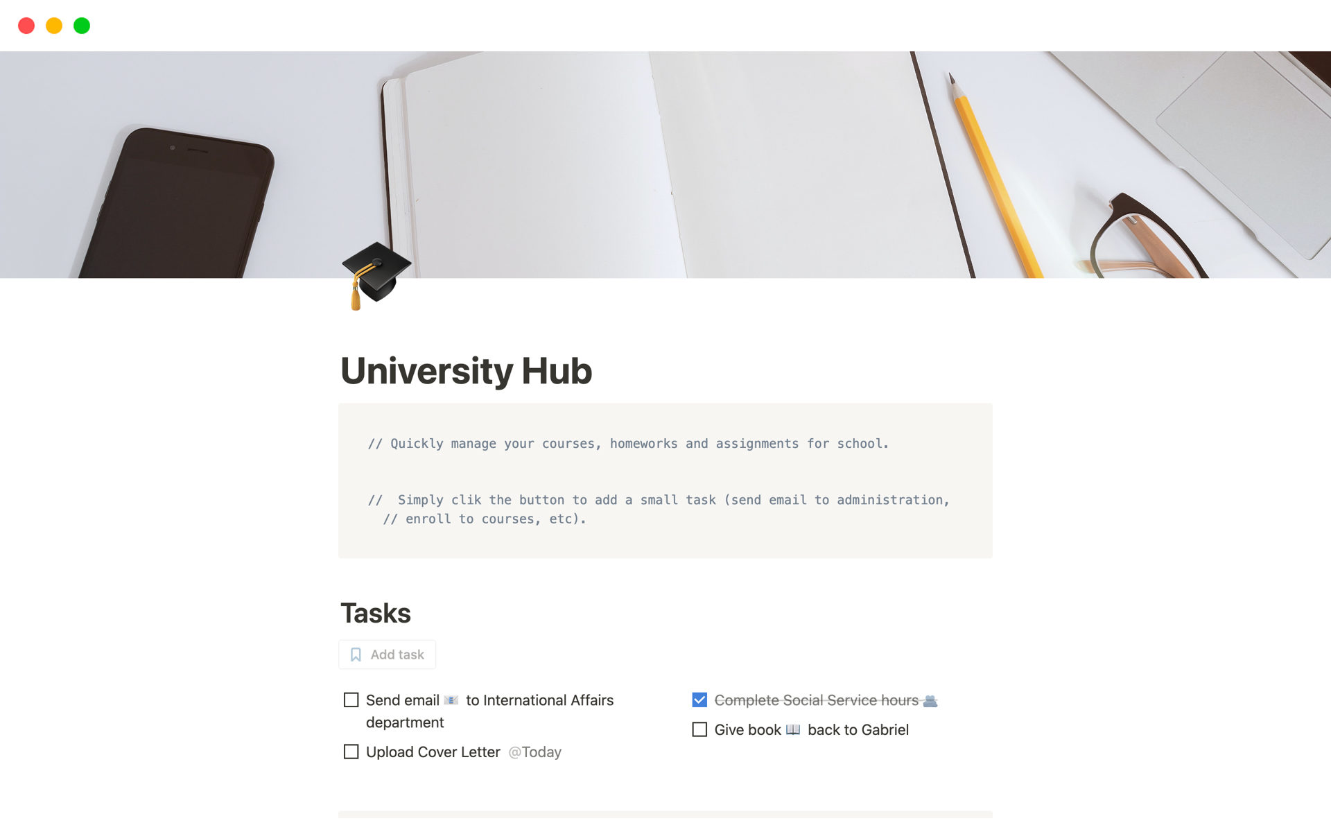 Uma prévia do modelo para University Hub