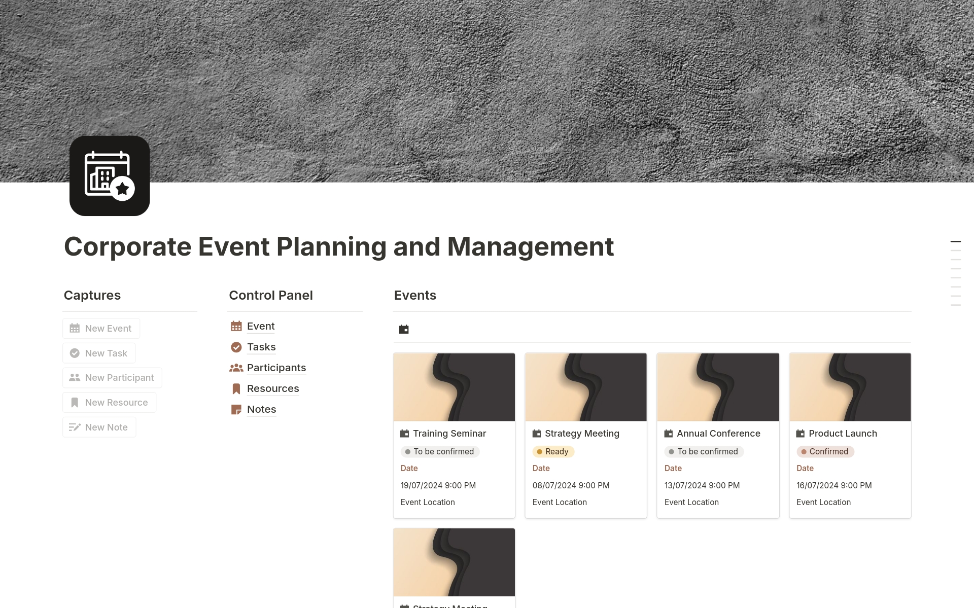 Plan and manage corporate events with our Notion template. Ideal for event coordinators.