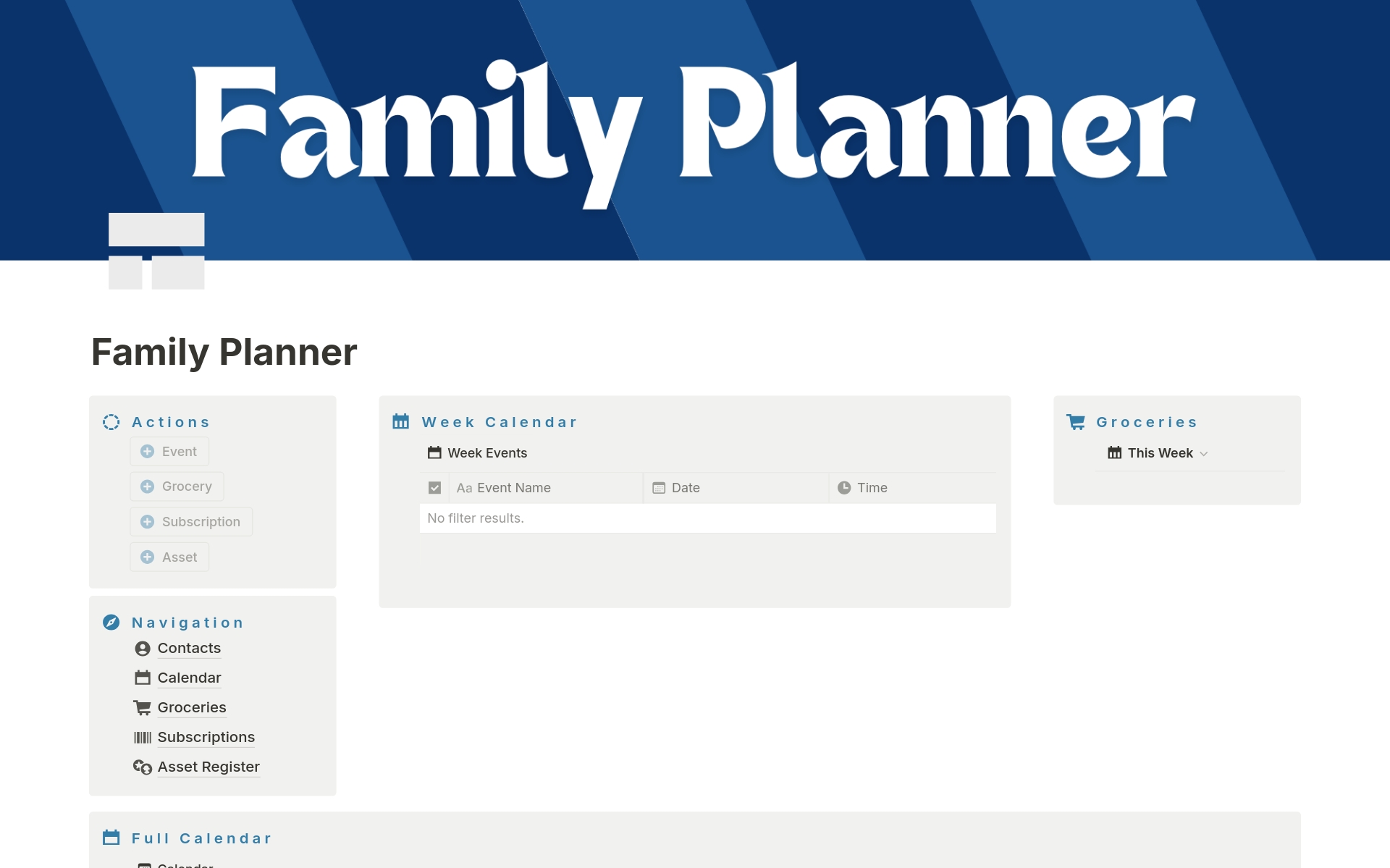 A family planner for keeping track of calendar events, subscriptions, assets and more. 