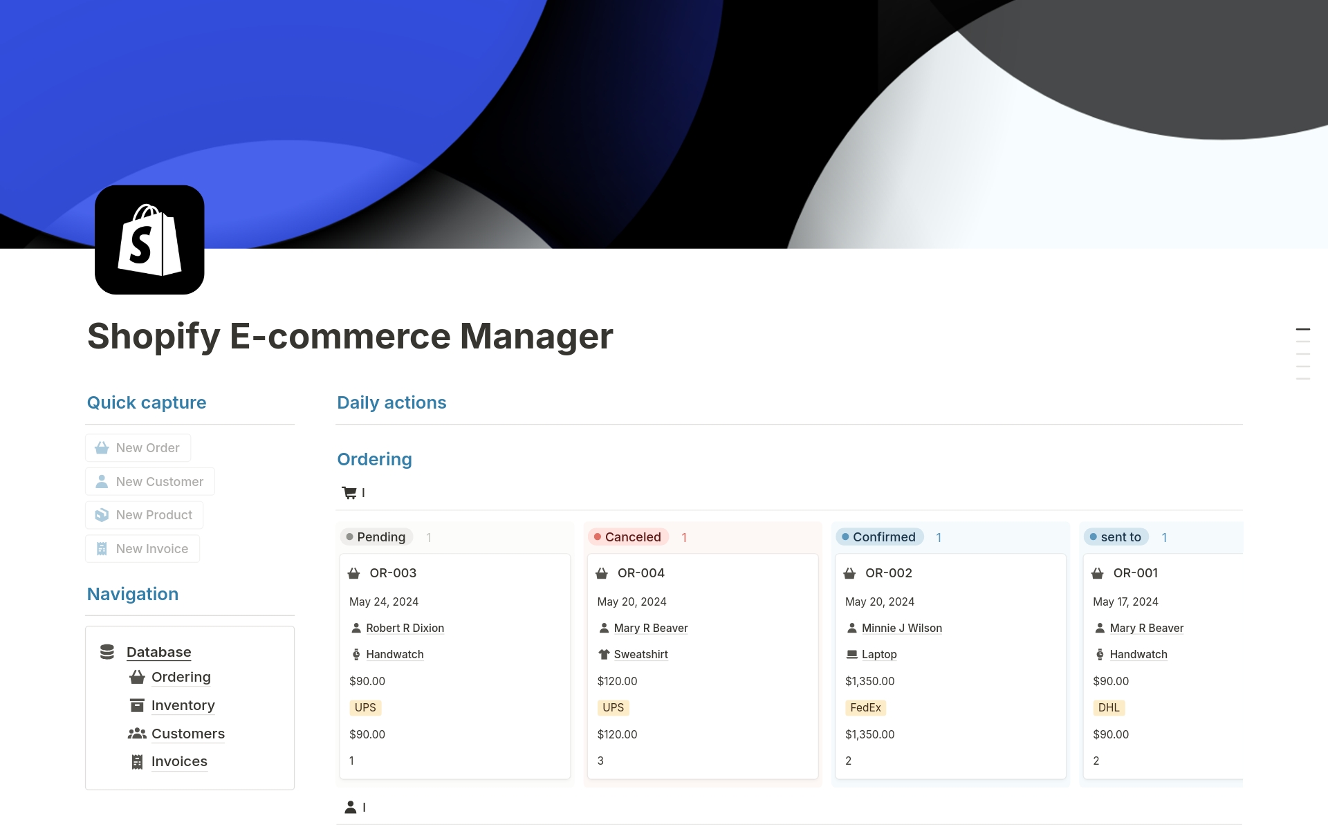 Eine Vorlagenvorschau für Shopify E-commerce Manager  
