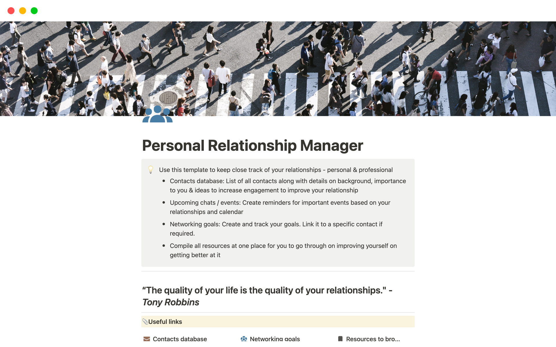 A template preview for Personal Relationship Manager