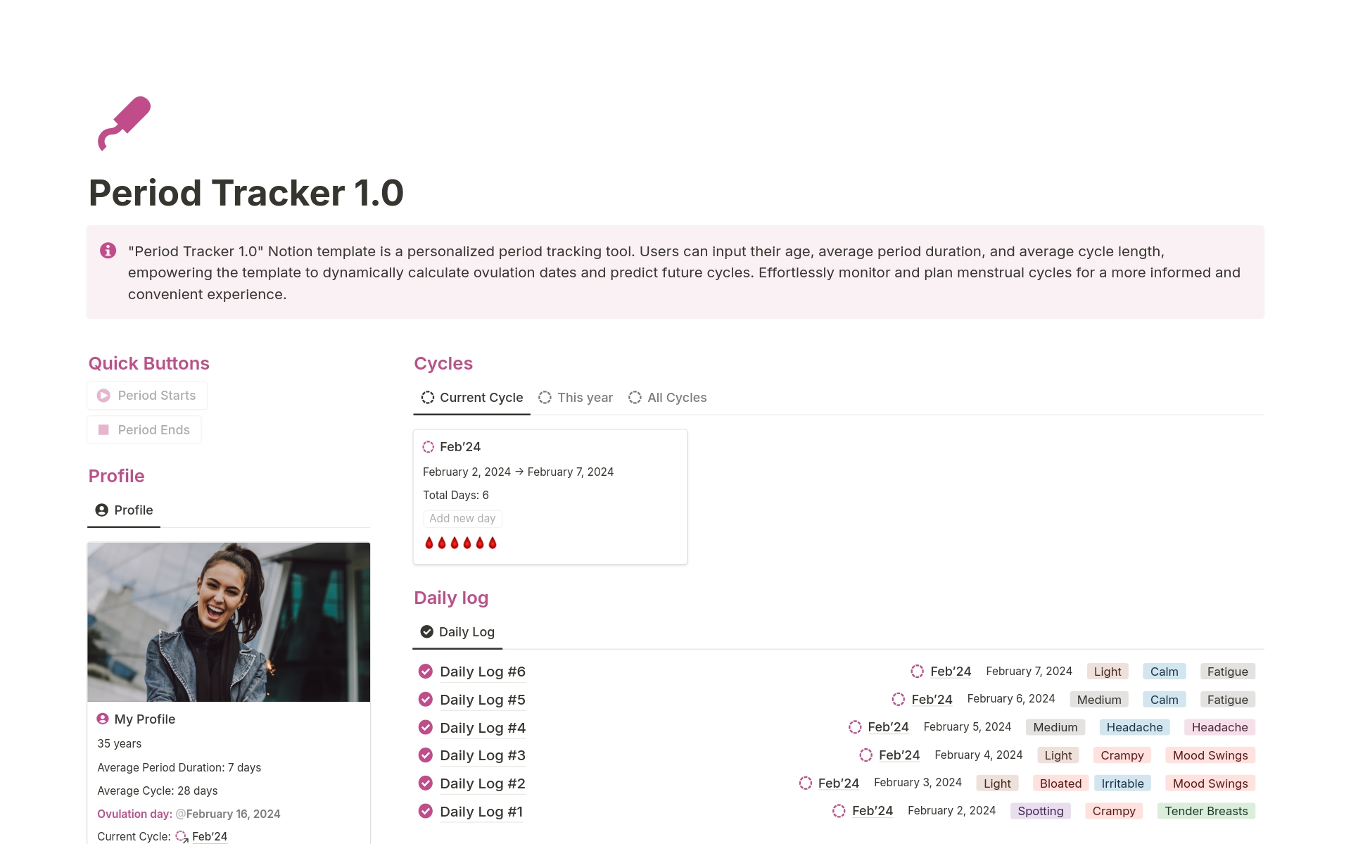 "Period Tracker 1.0" Notion template is a personalized period tracking tool.