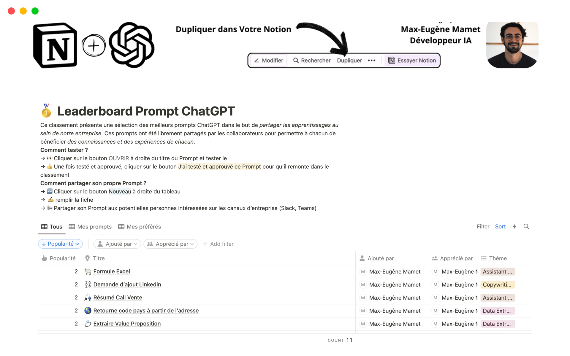 En forhåndsvisning av mal for ChatGPT Prompts Leaderboard