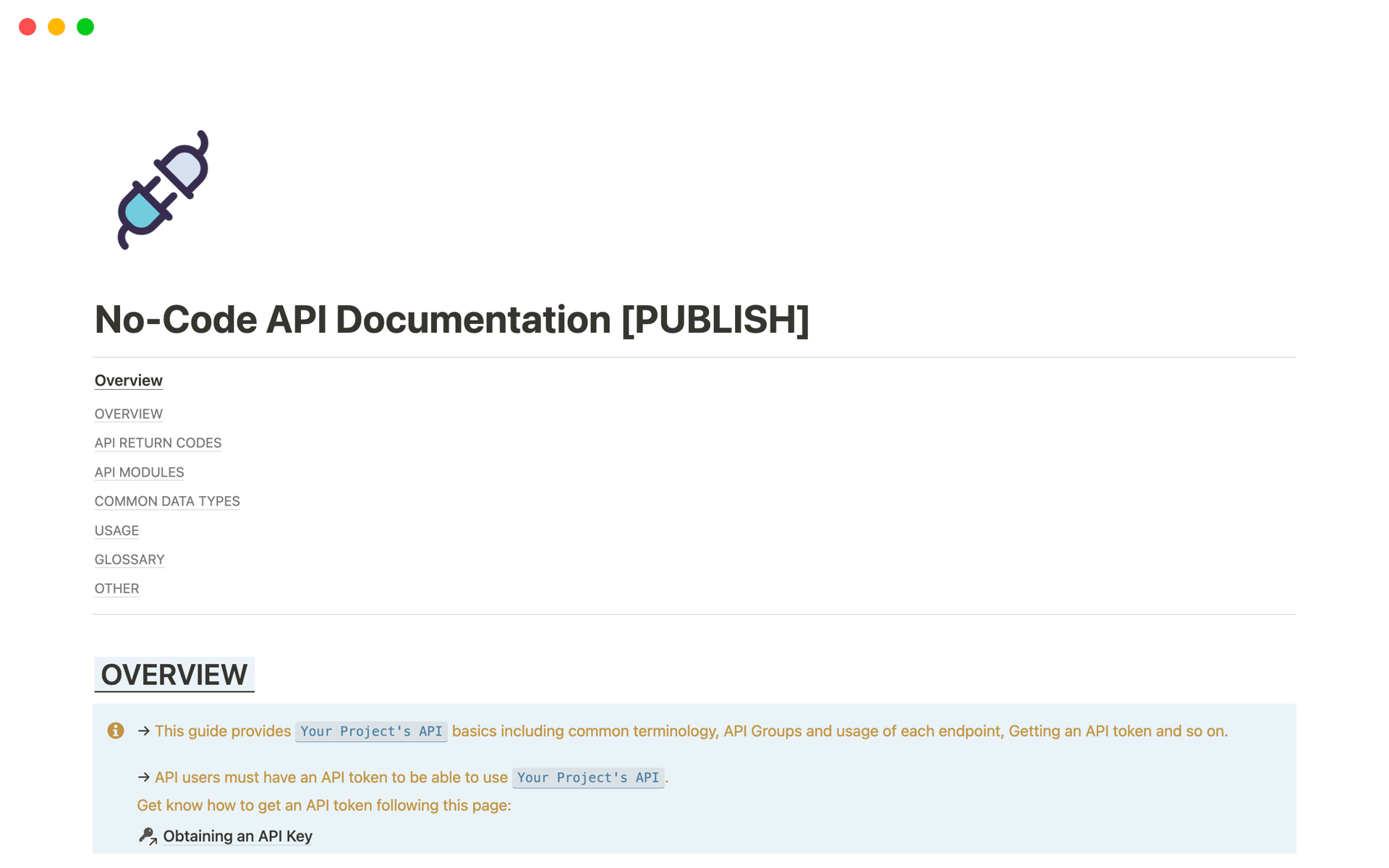 Uma prévia do modelo para No-Code API Documentation [PUBLISH]