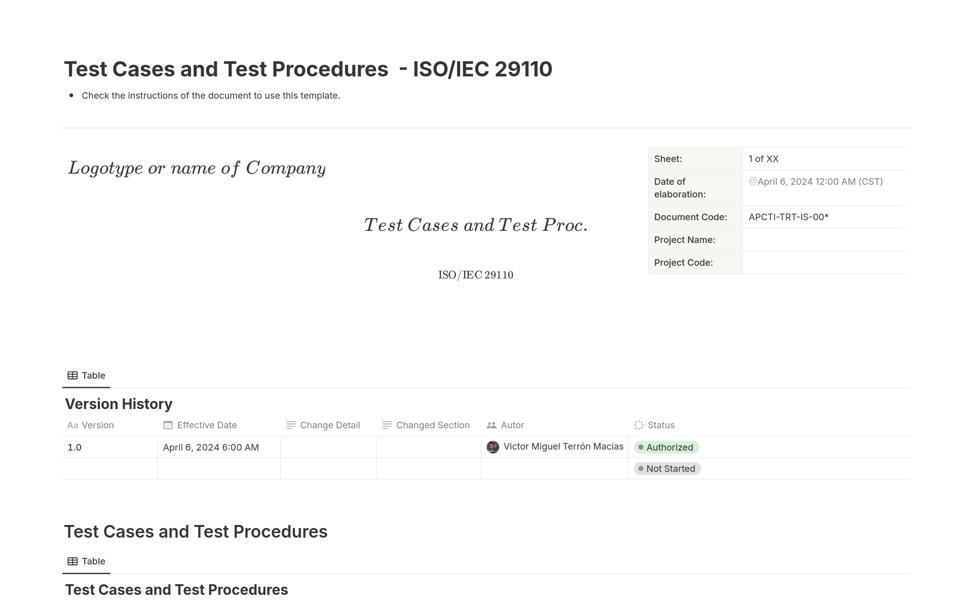 Vista previa de plantilla para Test Cases and Test Procedures
